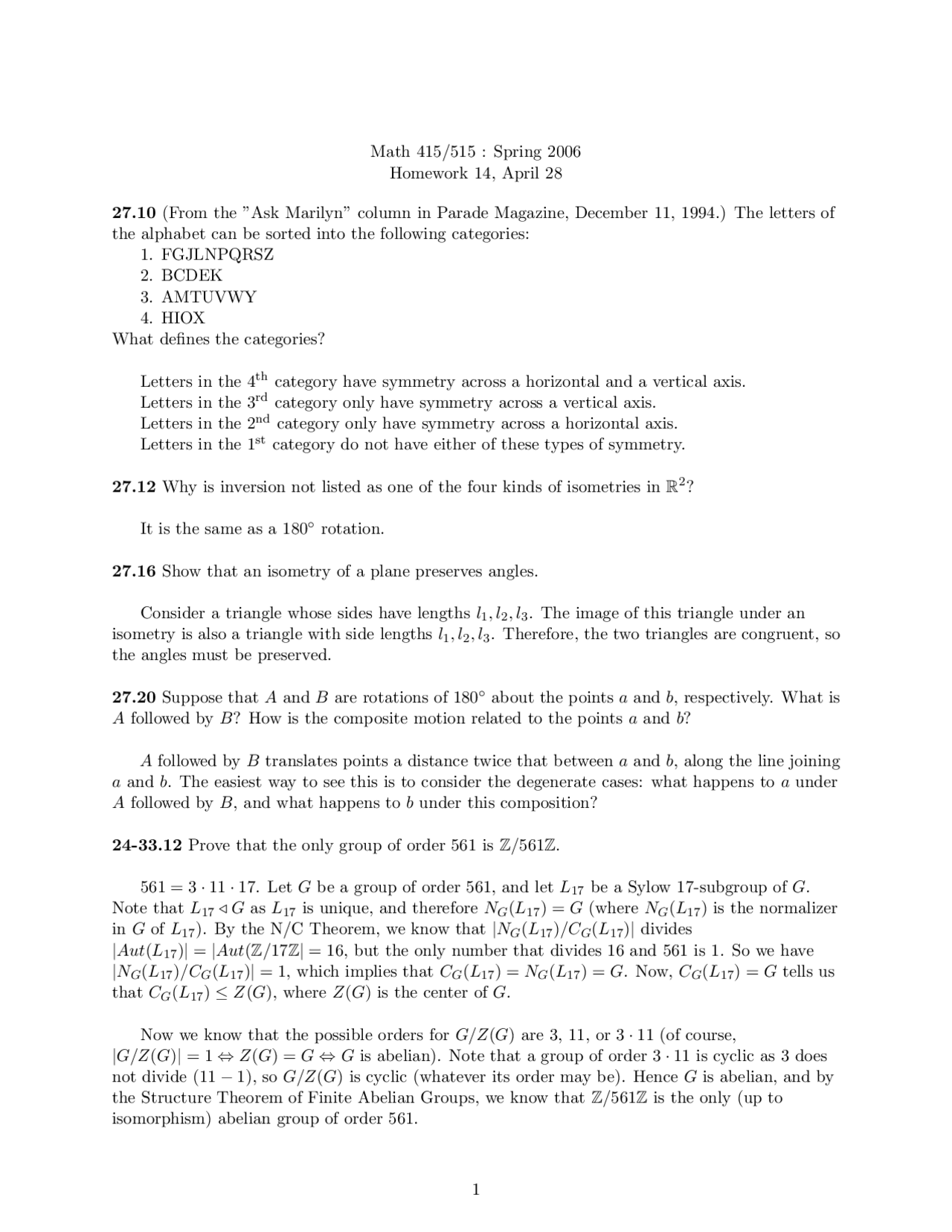 Homework 14 - Introduction to Abstract Algebra | MATH 415A - Docsity