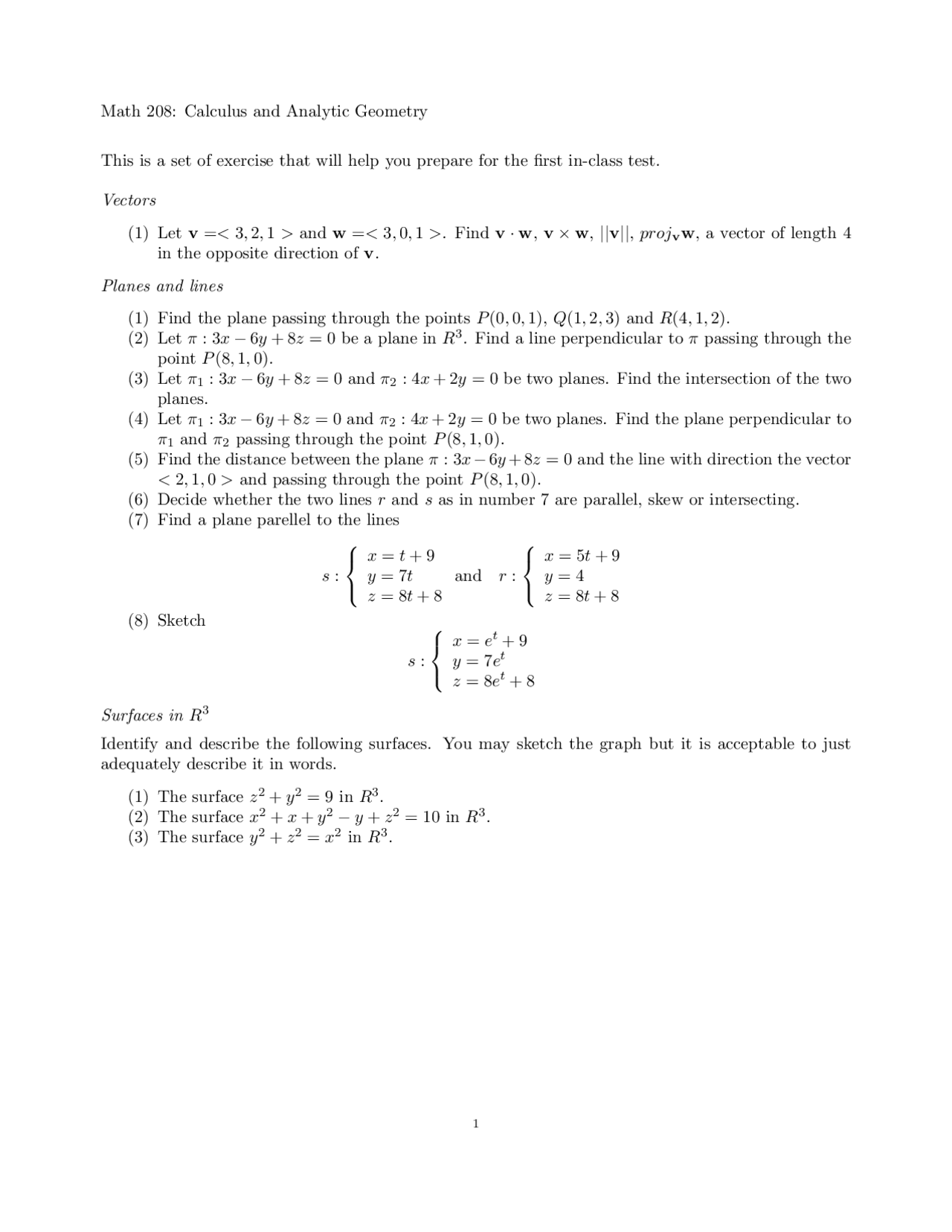 Practice Exam 1 - Analytical Geometry and Calculus III | MATH 208 - Docsity