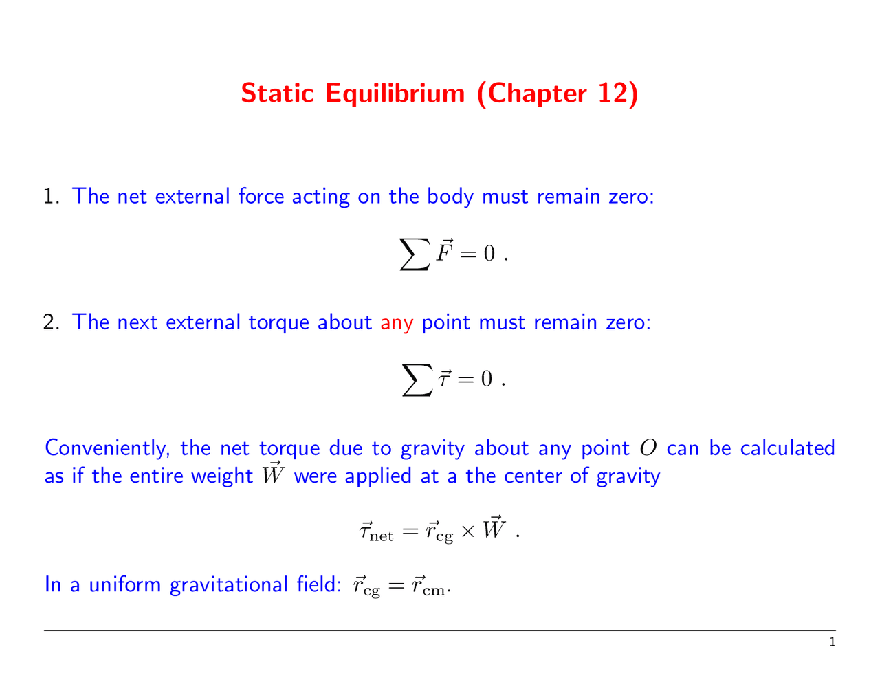 Static Equilibrium - General Physics - Handout | PHY 2048 - Docsity