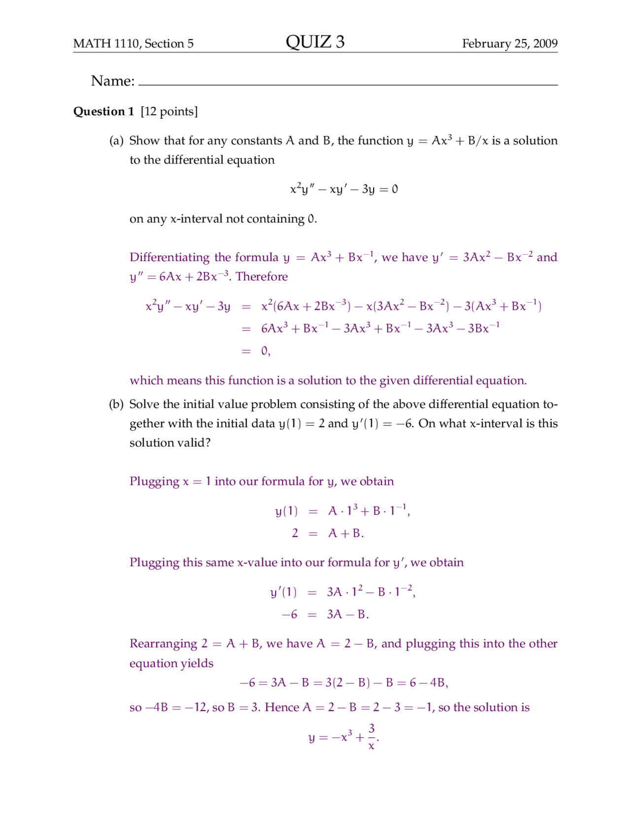 Quiz 3 With Solution For Calculus I Math 1110 Docsity