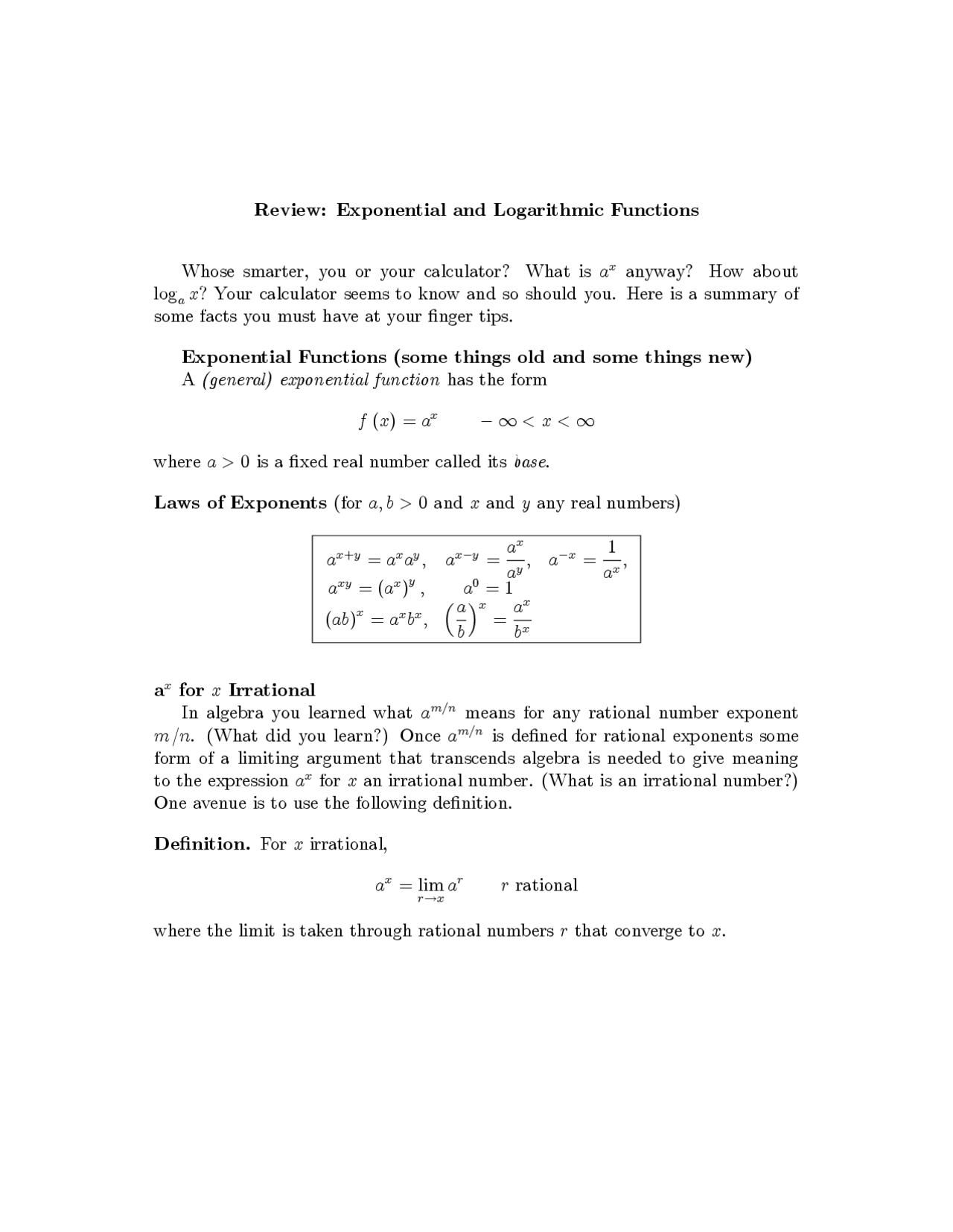 Review Sheet - Exponential and Logarithmic Functions | MTH 251H - Docsity