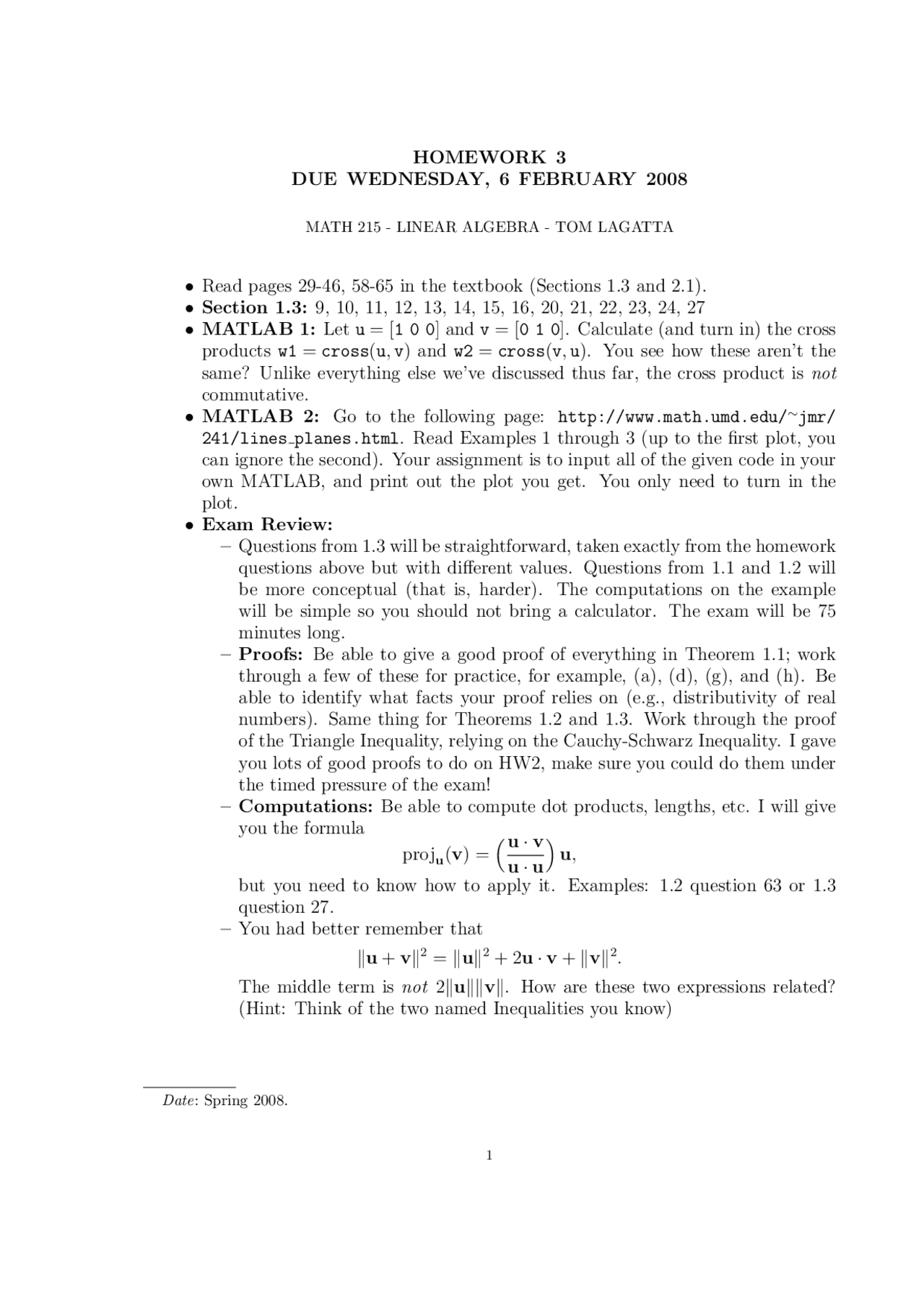 Introduction to Linear Algebra - Assignment III | MATH 215 - Docsity