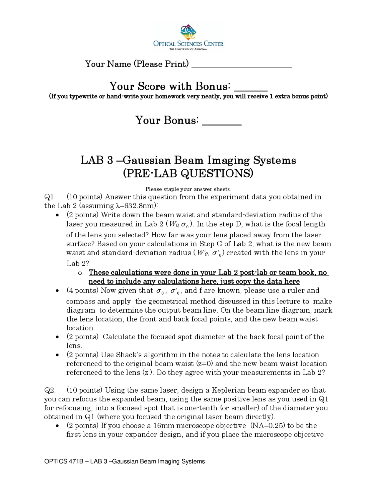 Gaussian Beam Imaging Systems - Lab 3 | OPTI 471A | Lab Reports Optics ...
