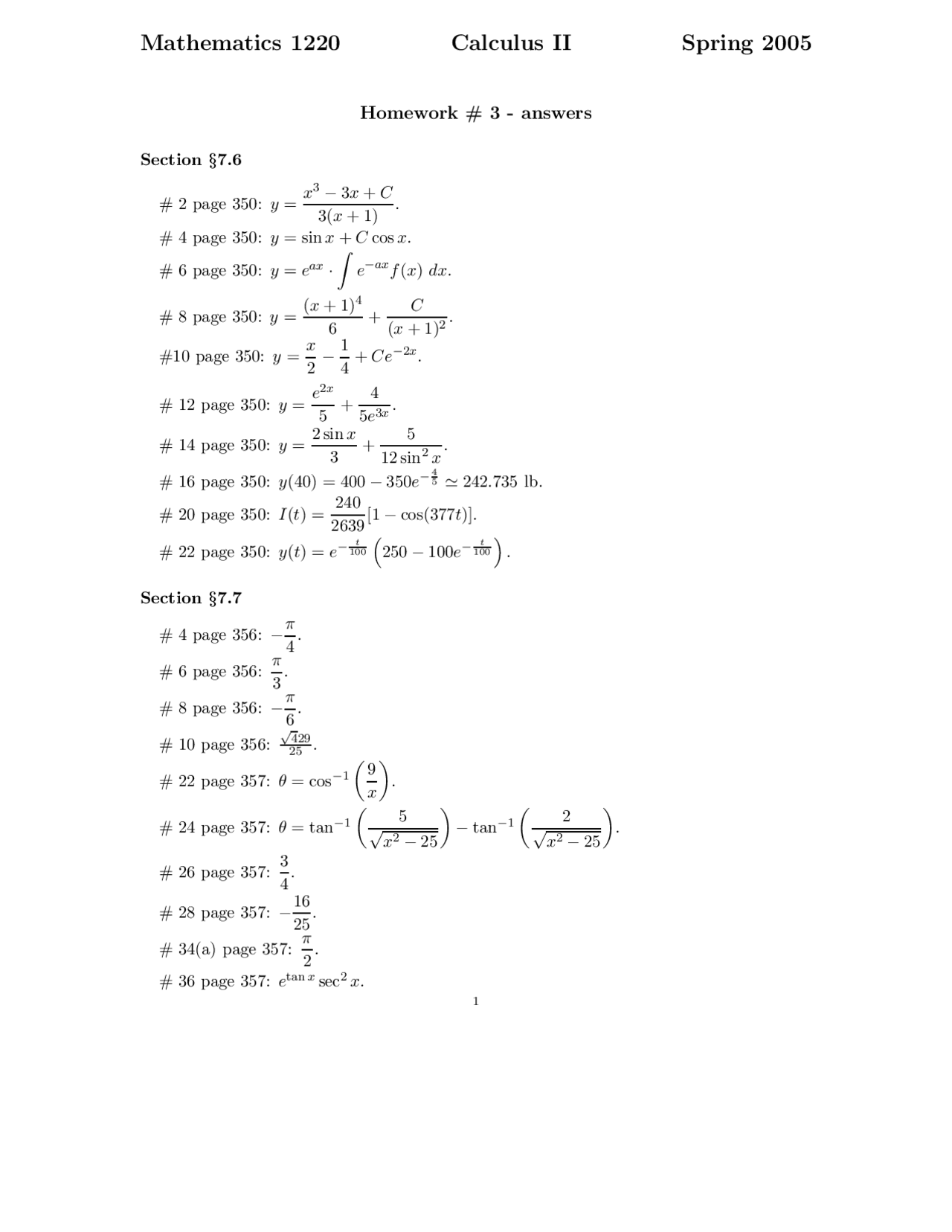Solutions for Homework 3 - Calculus II | MATH 1220 - Docsity