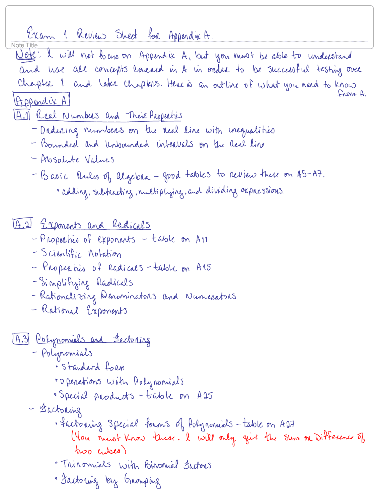 Exam 1 Review Sheet for Appendix A - College Algebra | MATH 1050 - Docsity