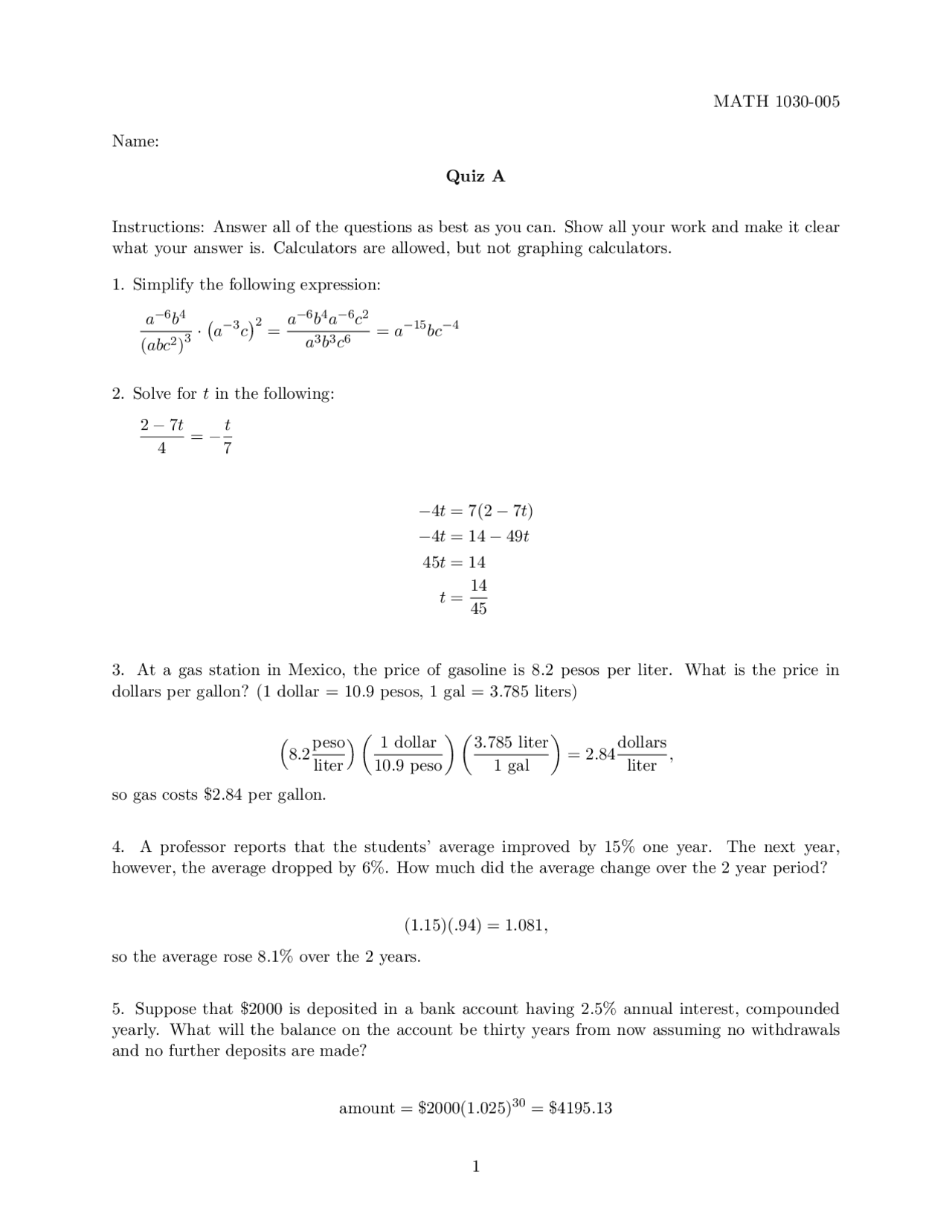 Quiz A with Answers - Introduction to Quantitative Reasoning | MATH ...