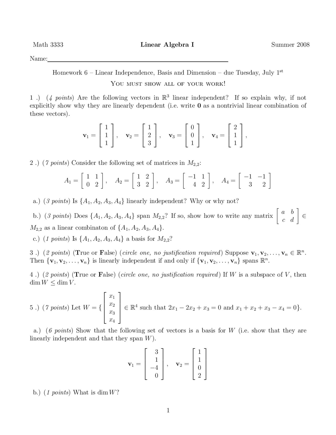 5 Questions for Assignment 6 - Linear Algebra I | MATH 3333 - Docsity