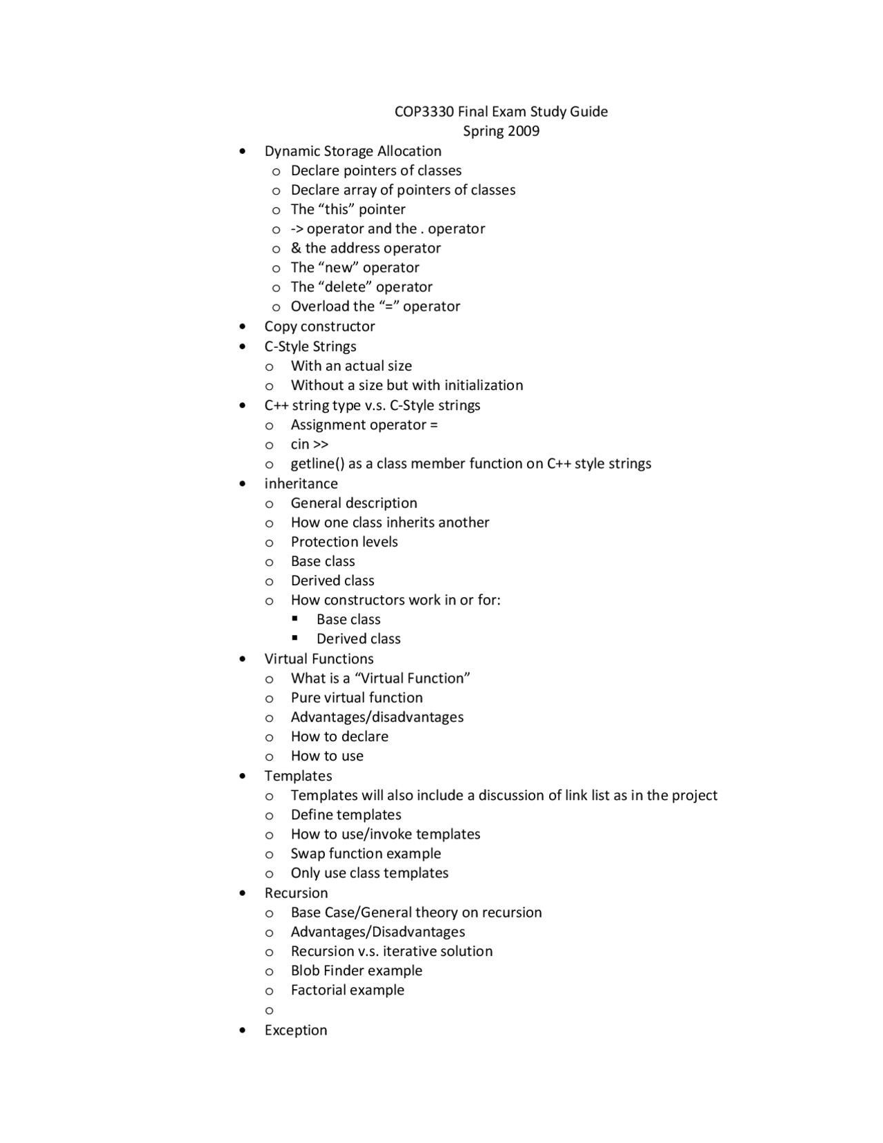 Final Exam Study Guide - Object-Oriented Programming in C++ | COP 3330 ...