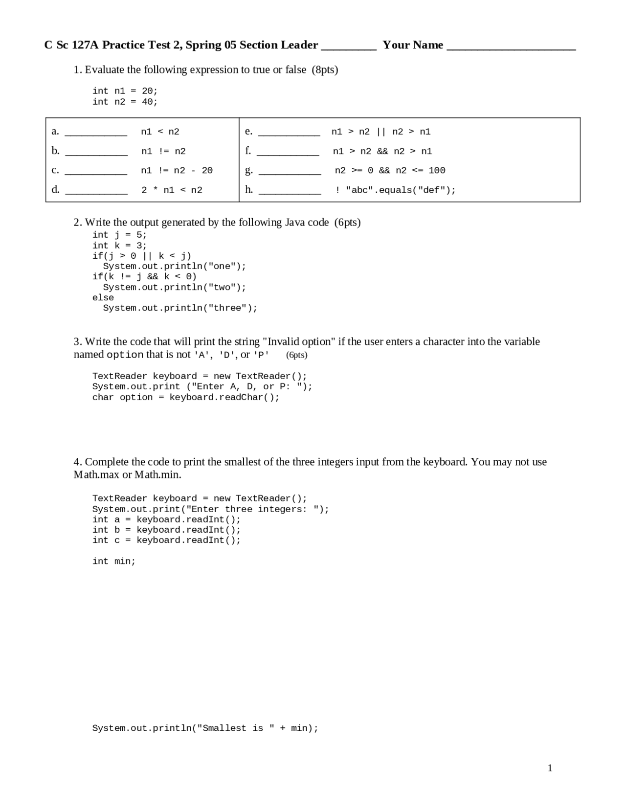 Practice Test 2 with Answers - Introduction to Computer Science | C SC ...