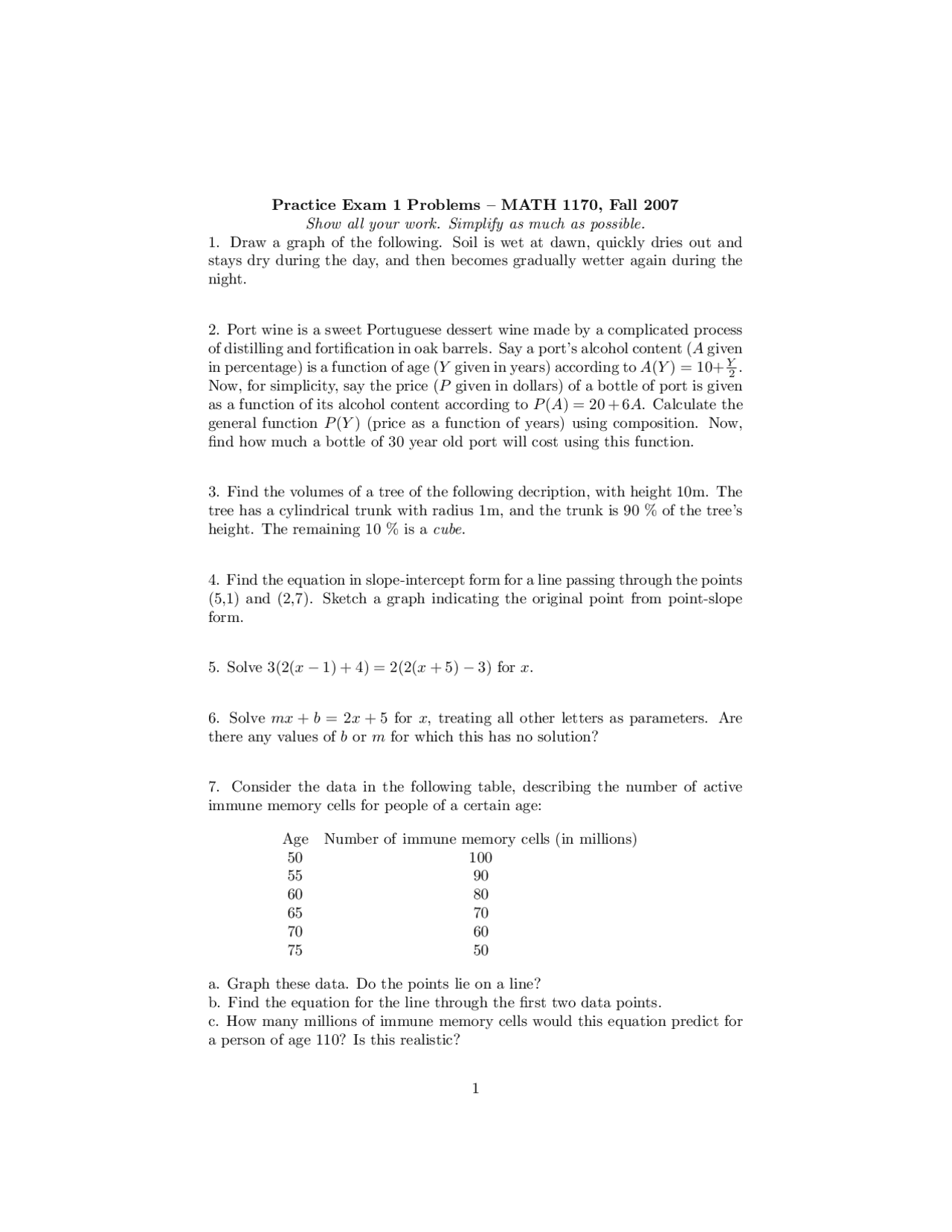 Practice Exam 1 Problems - Calculus with Biology I | MATH 1170 - Docsity