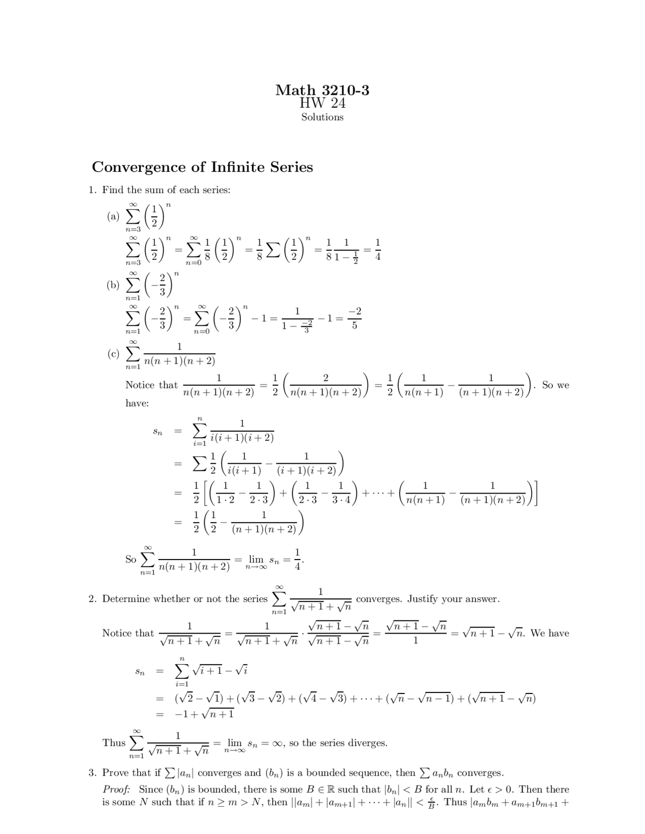 Convergence of Infinite Series - Homework 24 with Solutions | MATH 3210 ...