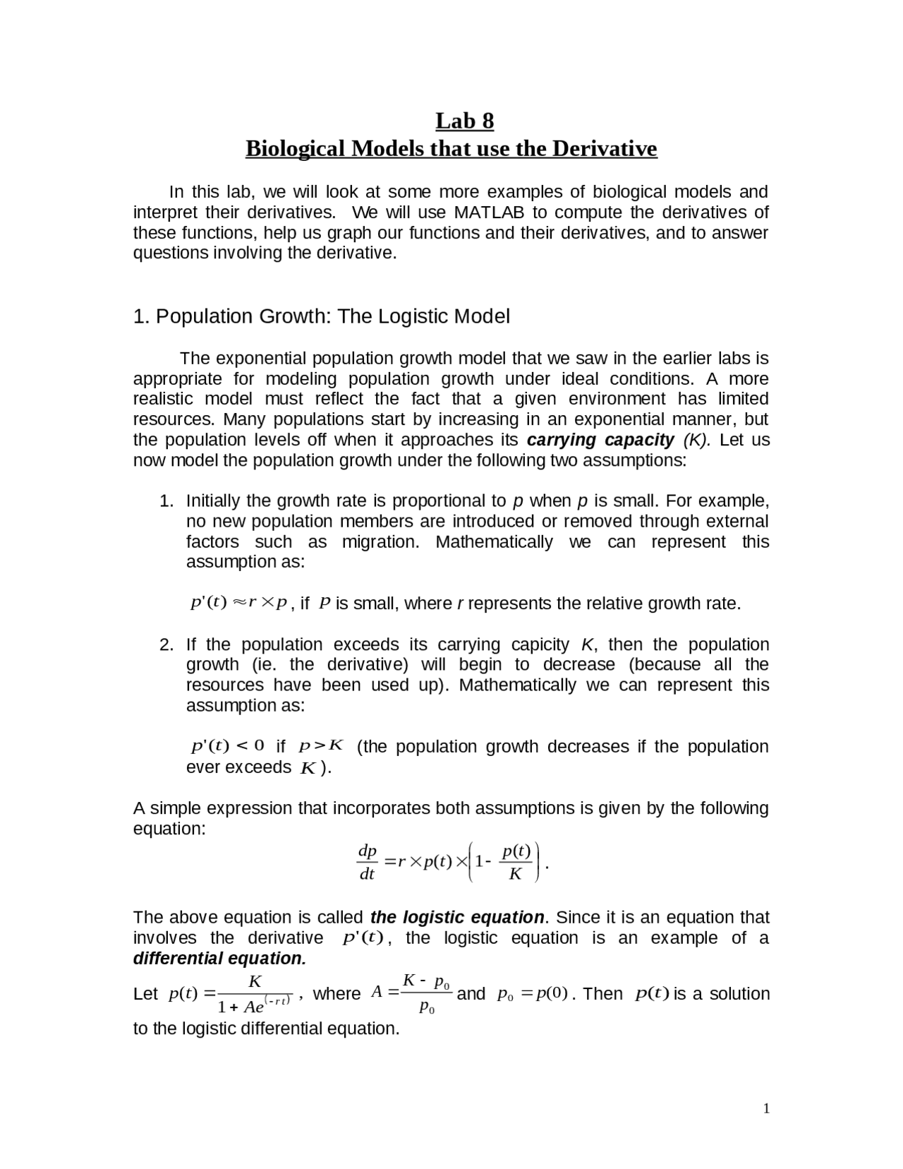 Biological Models that Use The Derivative - Laboratory 8 | MAT 3930 ...