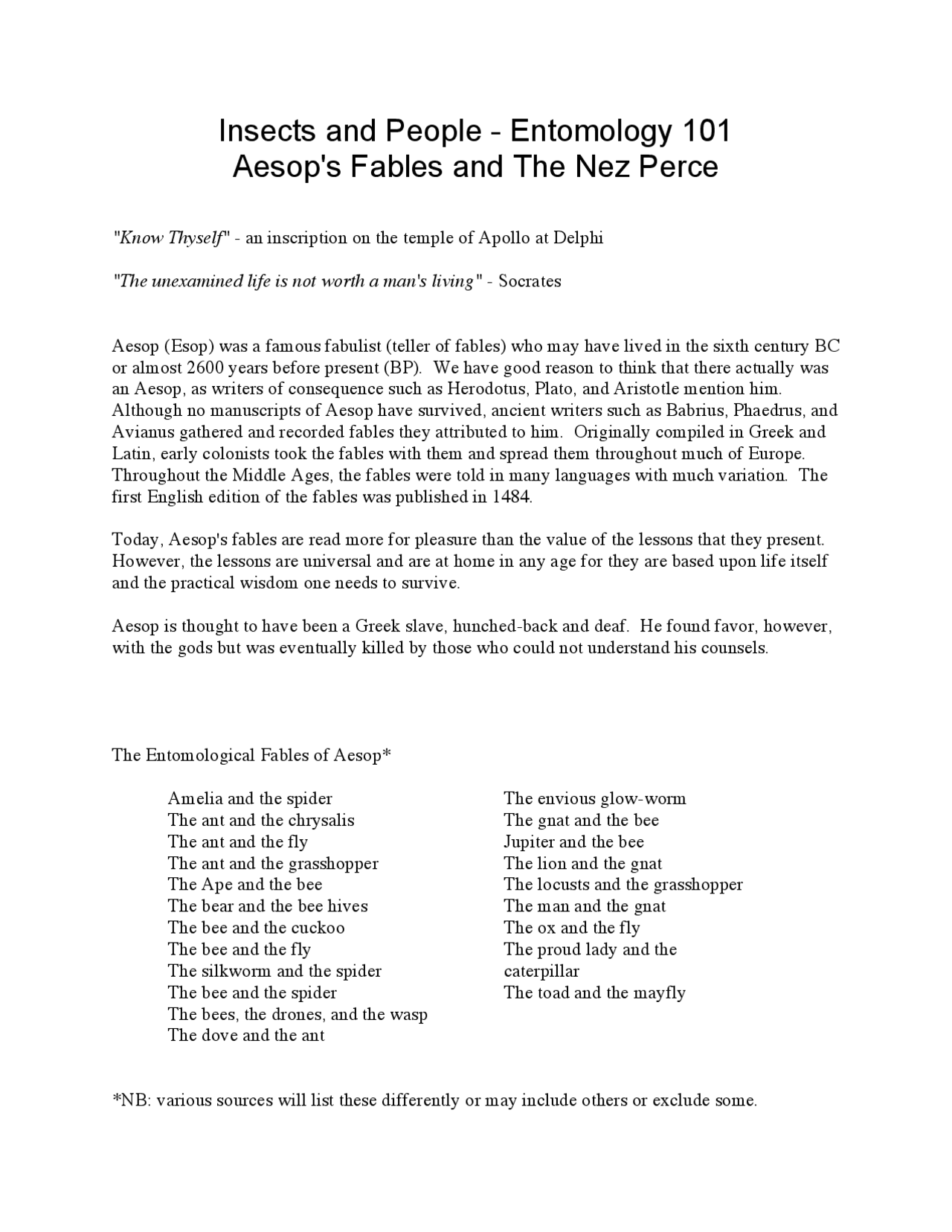 Aesop's Fables and the Nez Perce in Entomology: Insects and People ...