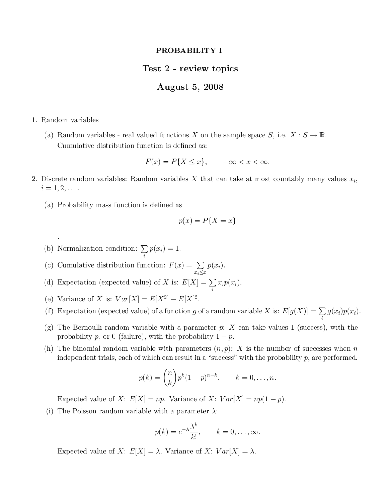 Review Sheet For Past Test 2 Probability I Fall 08 M 362k Docsity