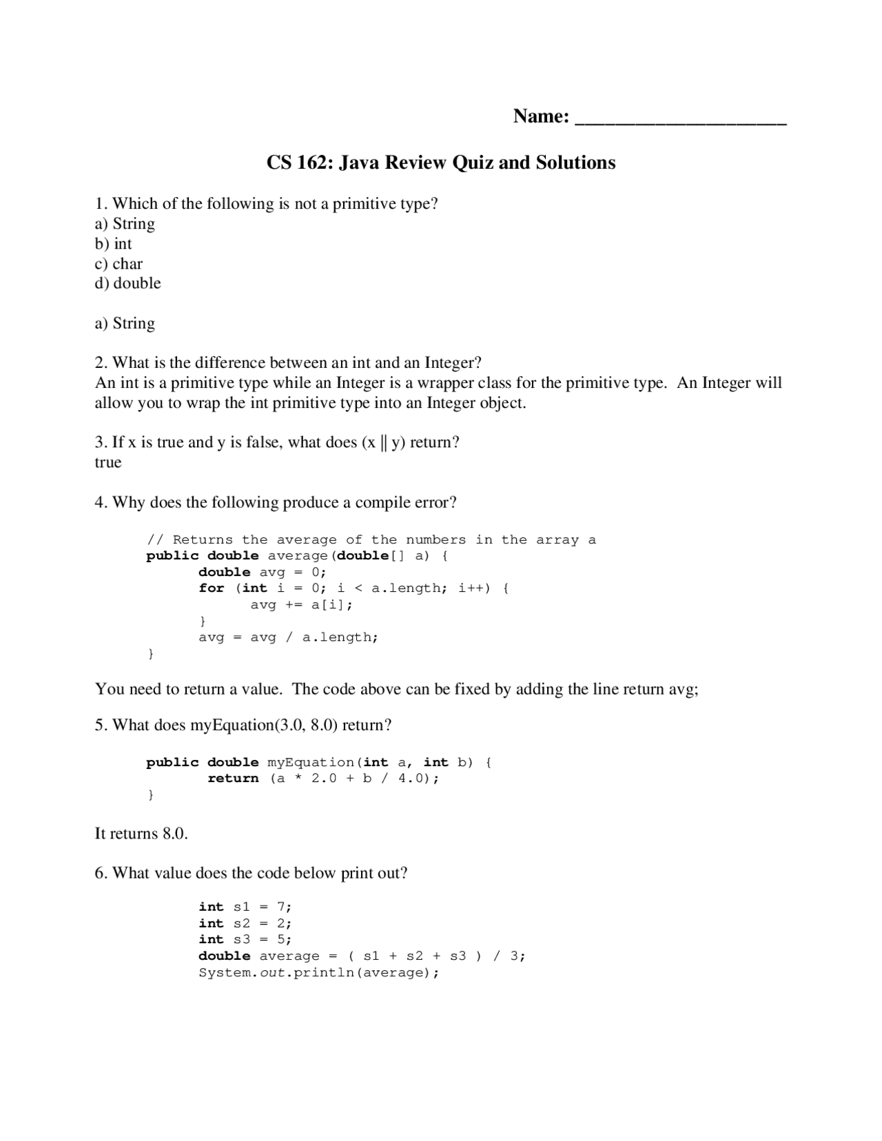 Java Review Quiz and Solutions for Introduction to Computer Science II ...