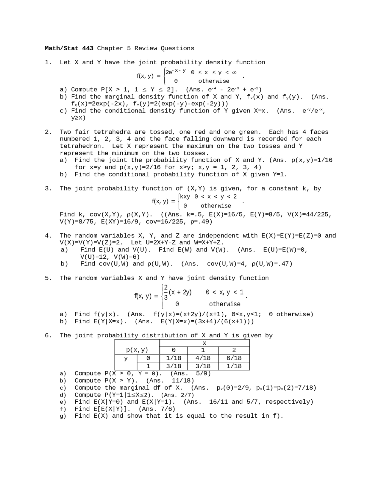 Review Questions for Math/Stat 443 Chapter 5: Joint Probability ...