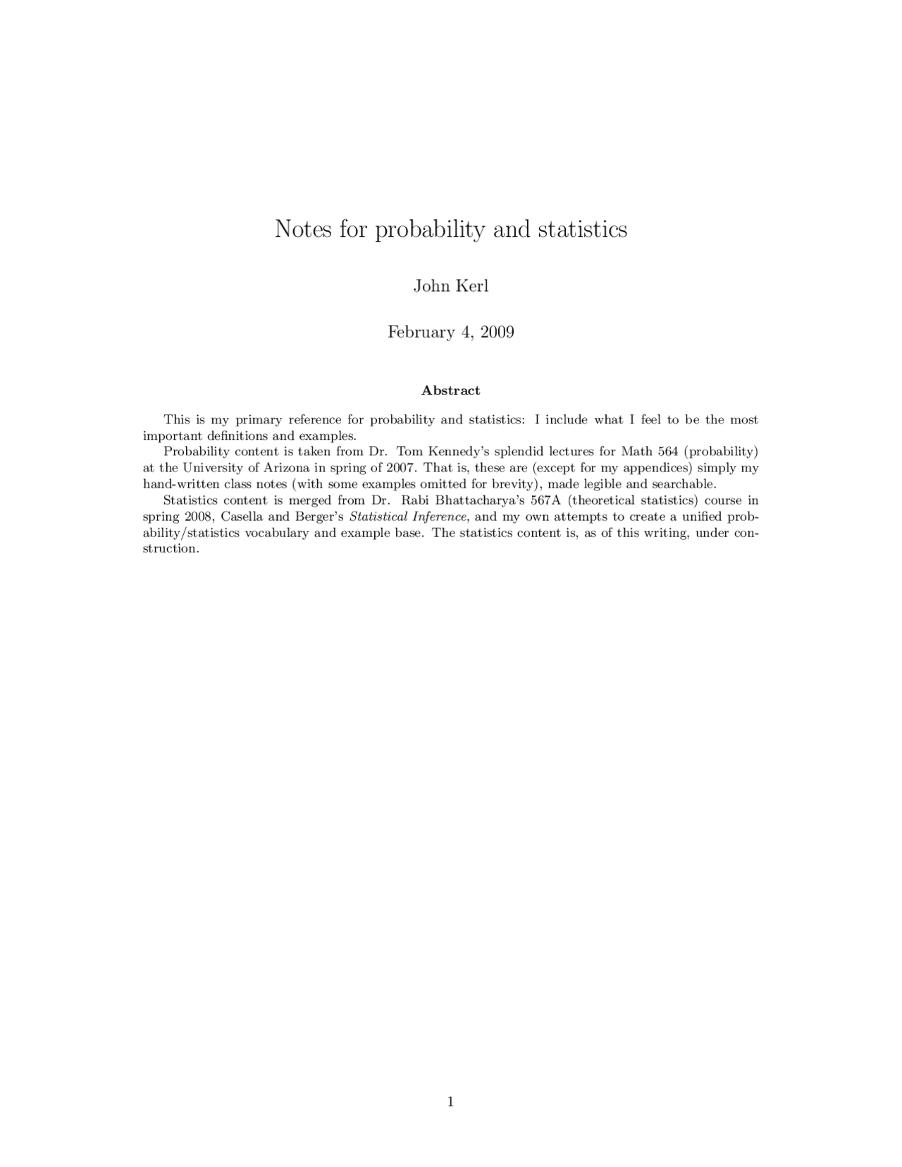 Notes for Probability and Statistics - Theory of Probability | MATH 564 ...