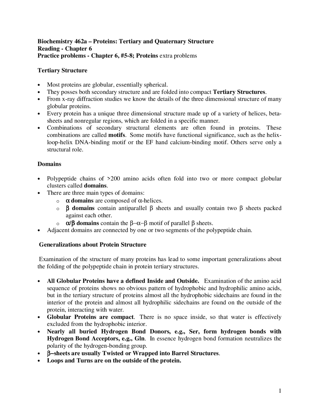 Proteins Tertiary And Quaternary Structure Biochemistry Bioc 462a Docsity