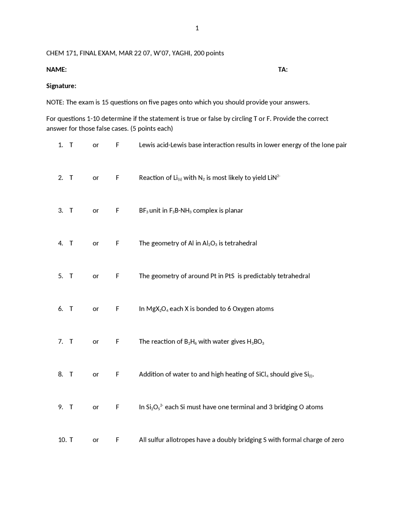 Questions for Final Exam - Intermediate Inorganic Chemistry | CHEM 171 ...