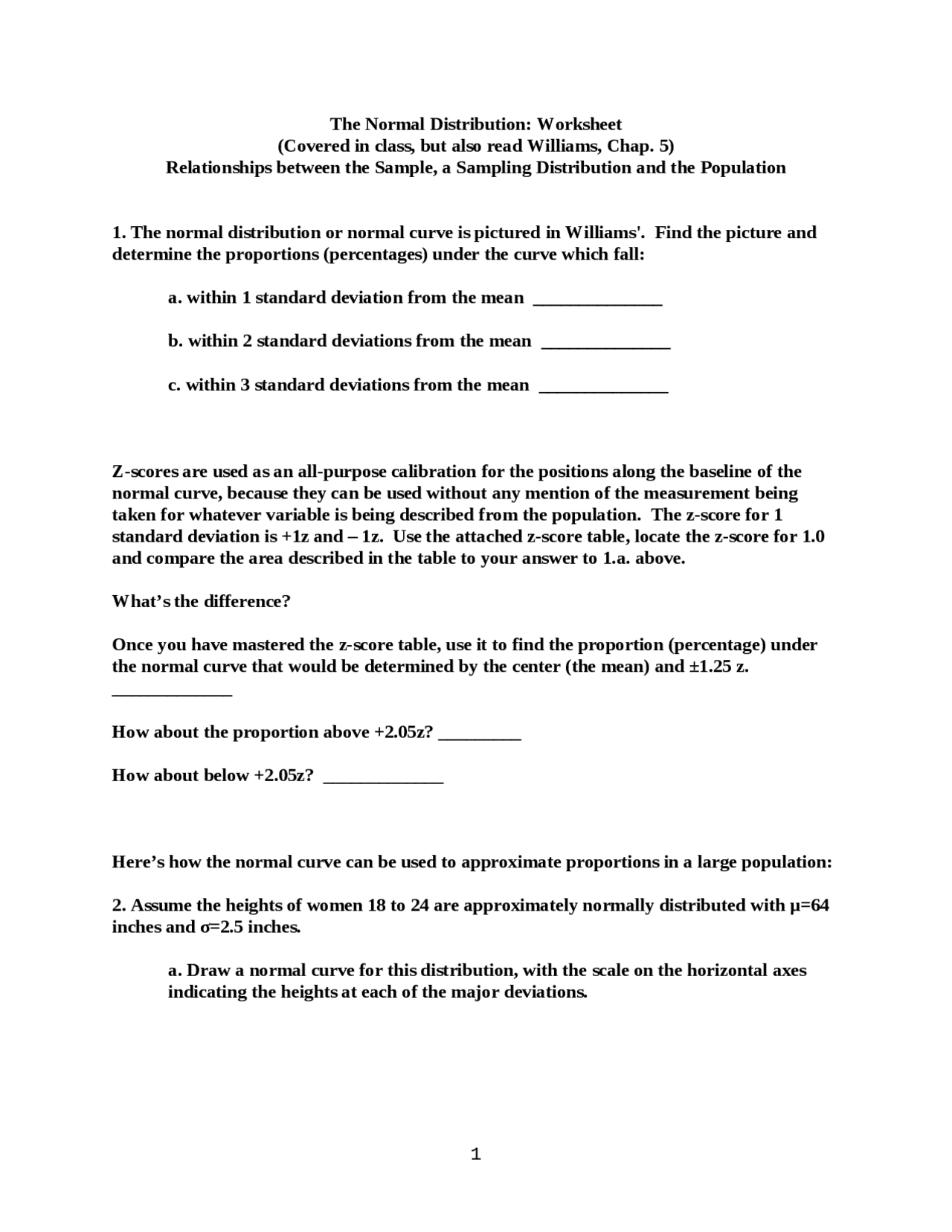 Normal Distribution Introduction Worksheet The Normal Distribution: Worksheet | N 1 - Docsity
