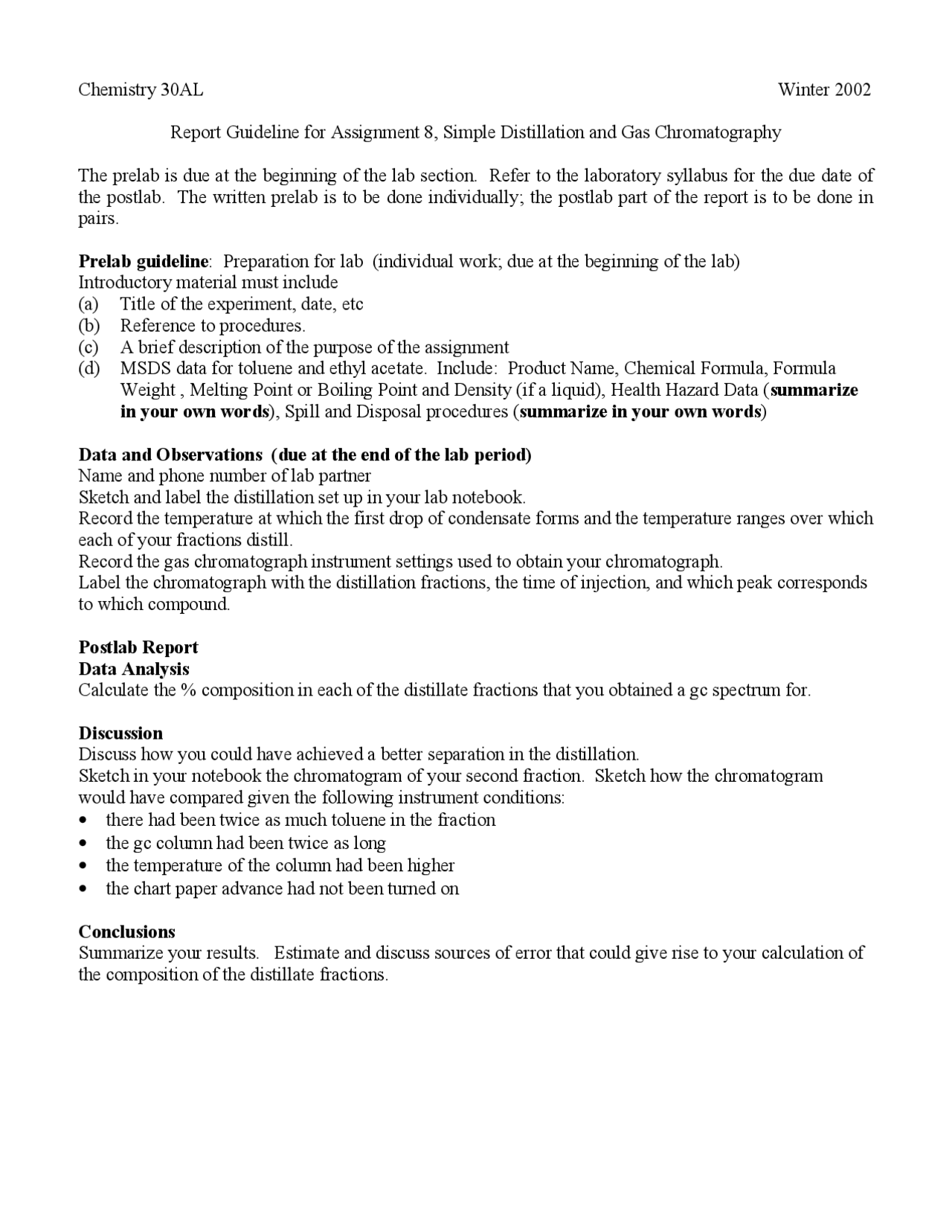 Simple Distillation and Gas Chromatography Guidelines for Assignment 8