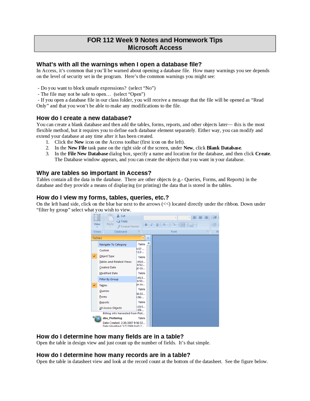 Microsoft Access - Notes and Homework Tips | FOR 112 - Docsity