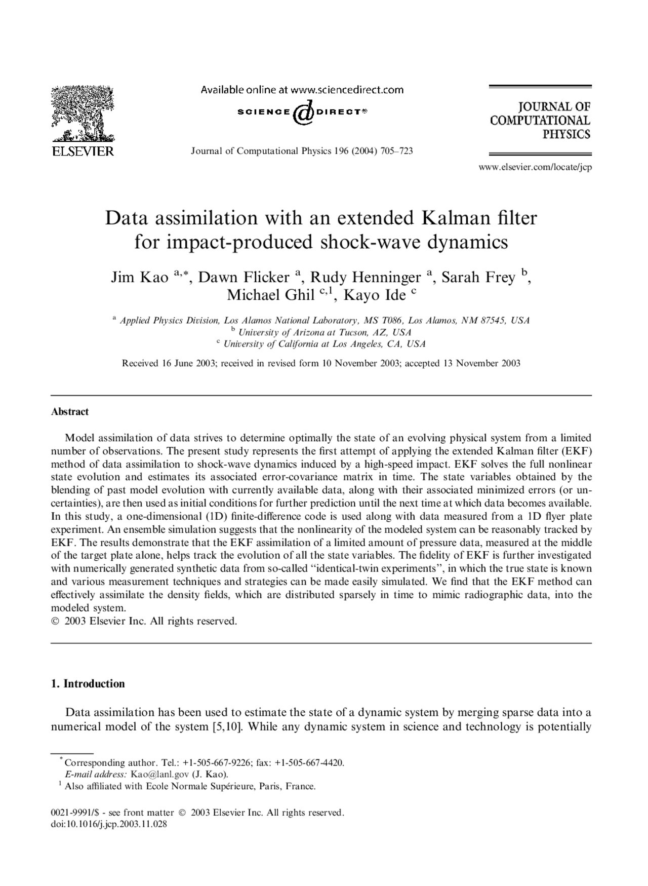 Data Assimilation with an Extended Kalman Filter for Impact-Produced ...