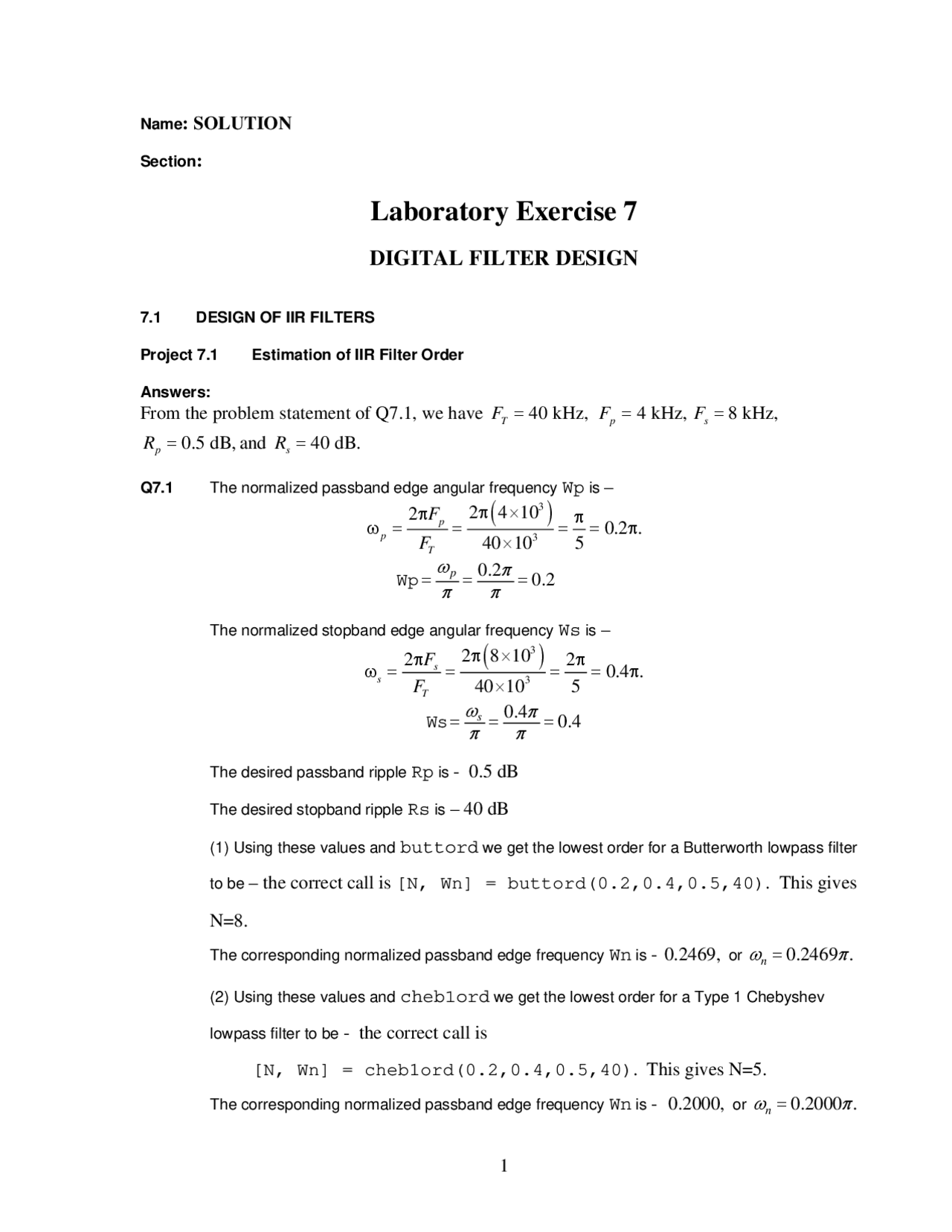 Laboratory Exercise 7: Digital Filter Design | ECE 5213 | Lab