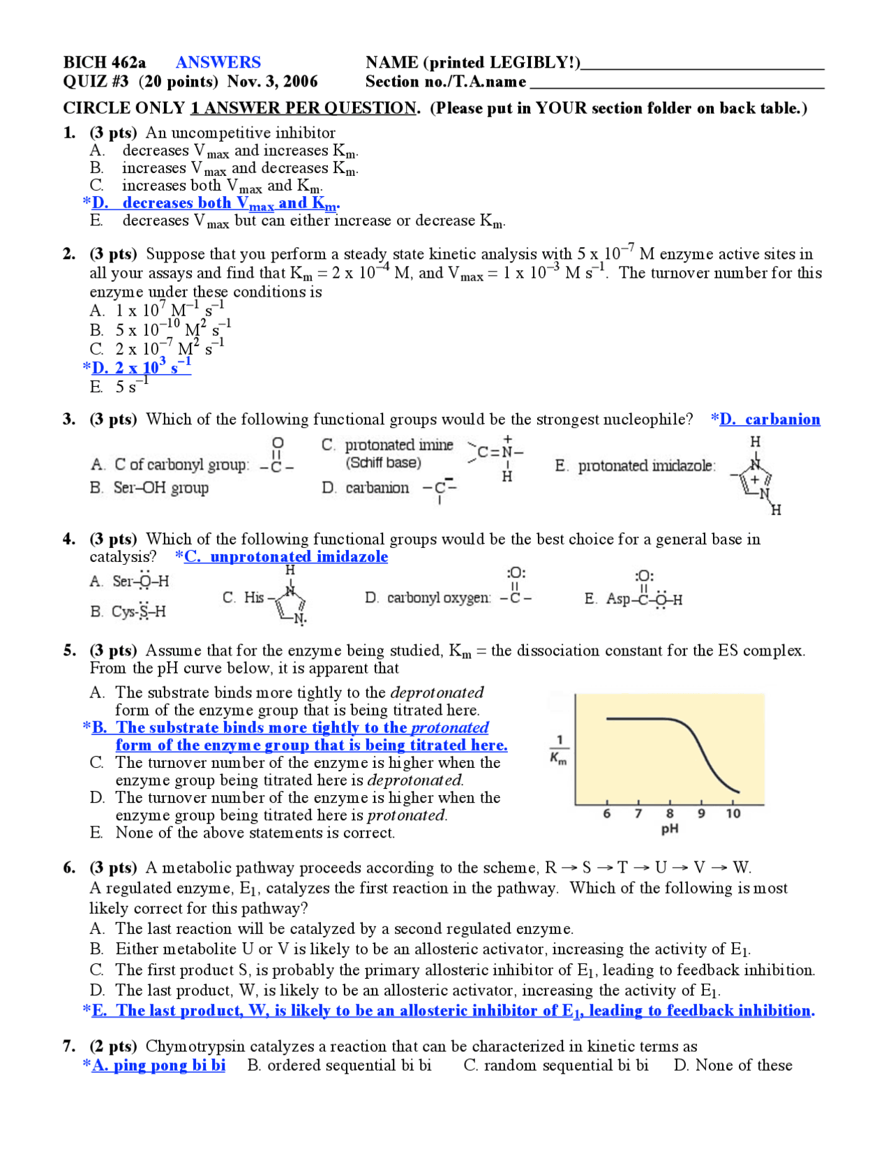 Biochemistry - Solved Multiple Choice Questions - Fall 2006 - Exam 3 ...