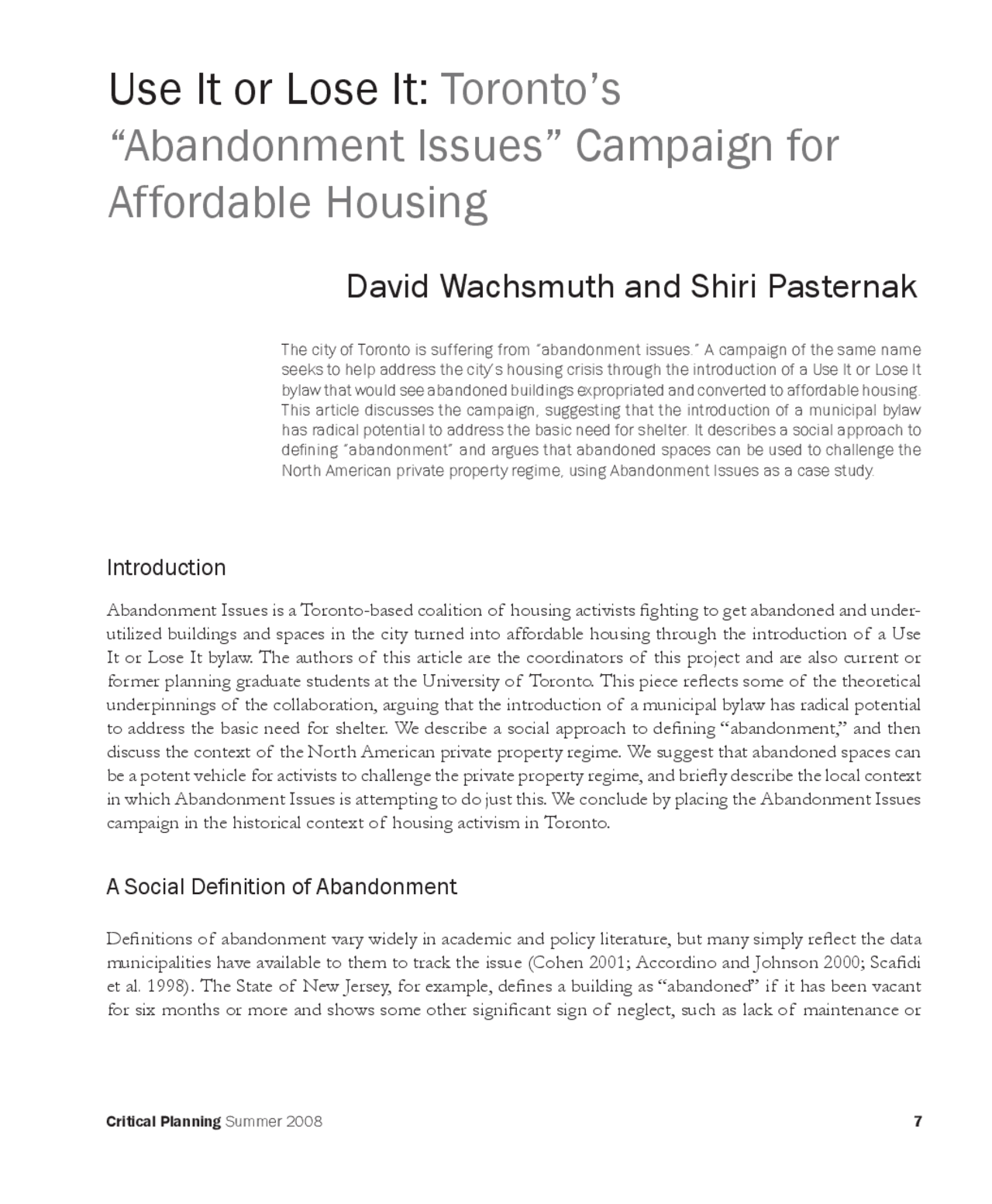 Use It or Lose It Toronto's Abandonment Issues Campaign for Affordable