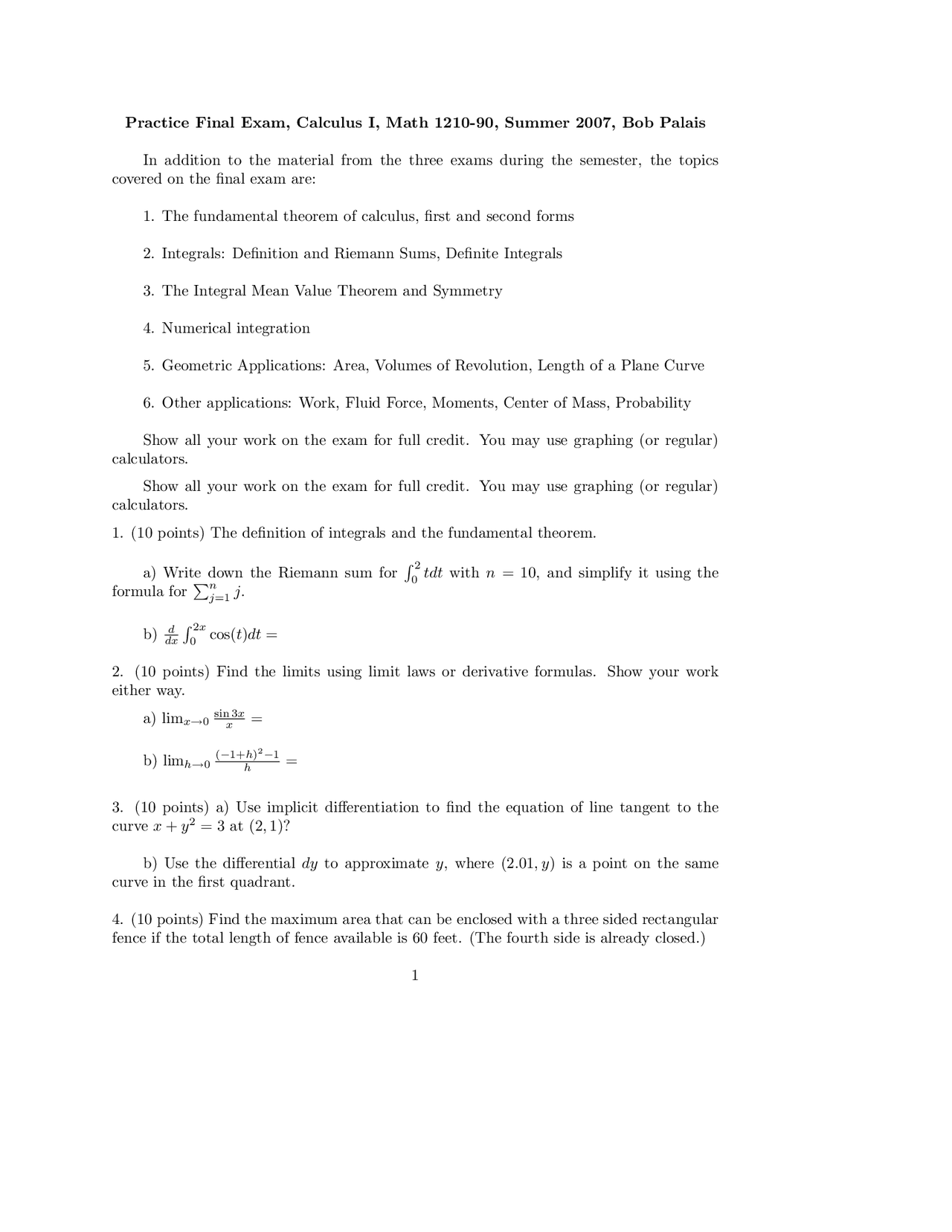 10 Questions in Practice Final Exam - Calculus I | MATH 1210 - Docsity