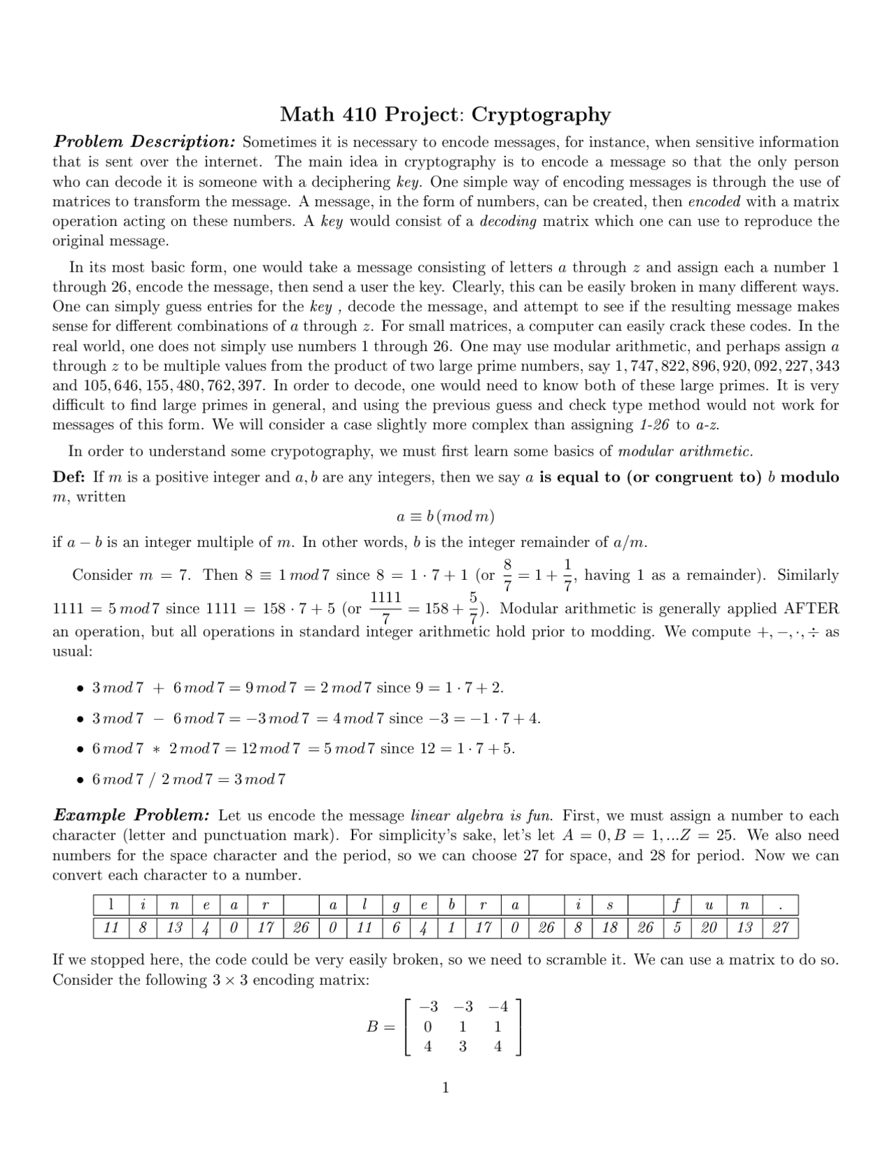 Cryptography - Matrix Analysis - Project | MATH 410 - Docsity