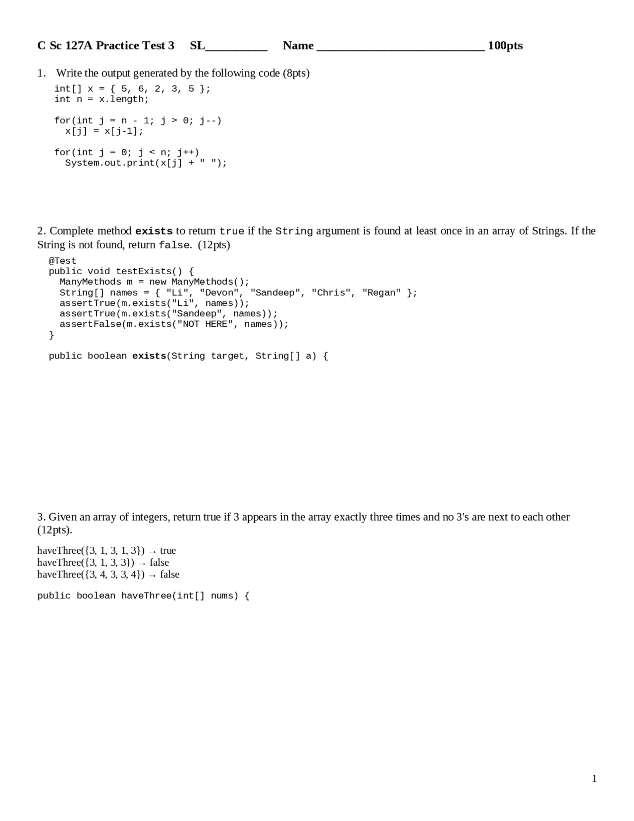 Computer Programming Practice Test Practice Test 3 - Introduction to Computer Science | C SC 127A - Docsity