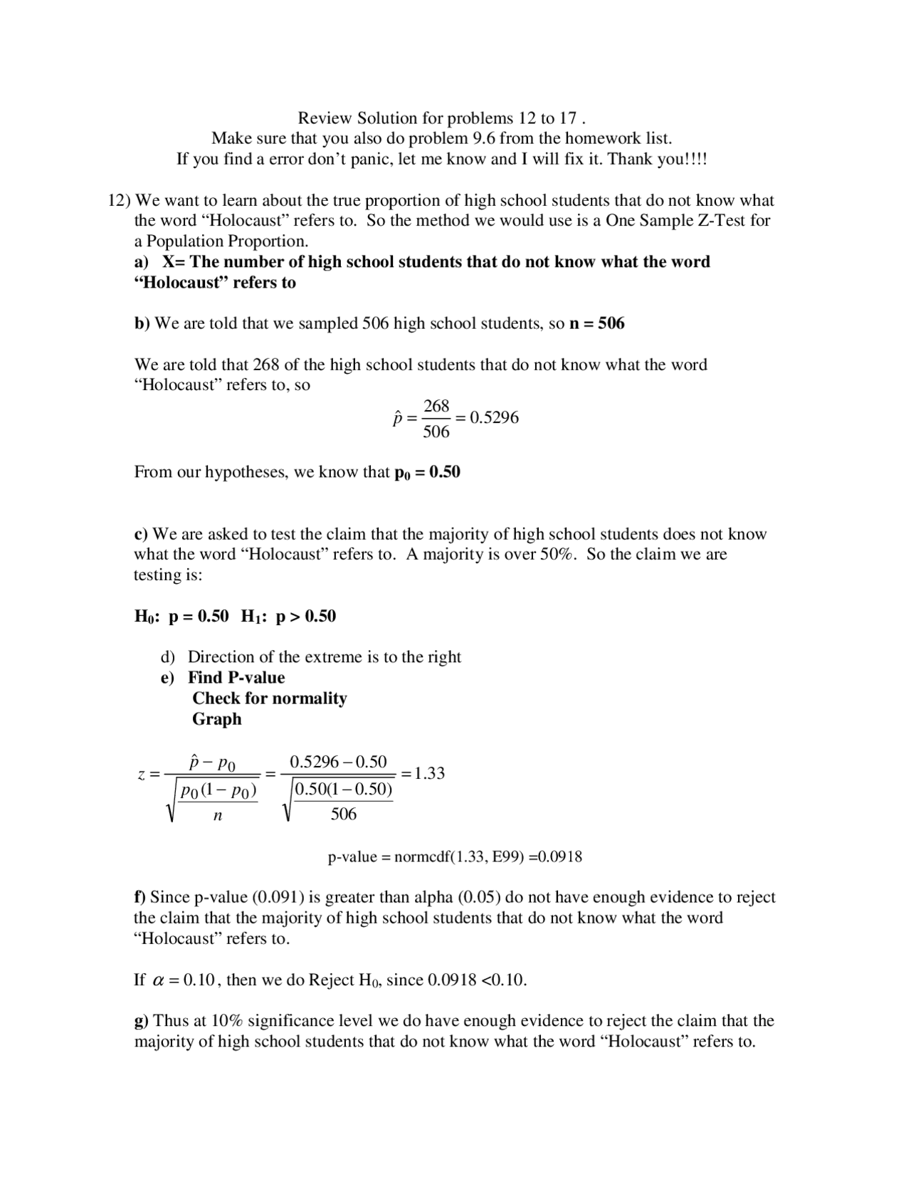 Review Solution for Problems - Methods Analysis | MATH 117 - Docsity