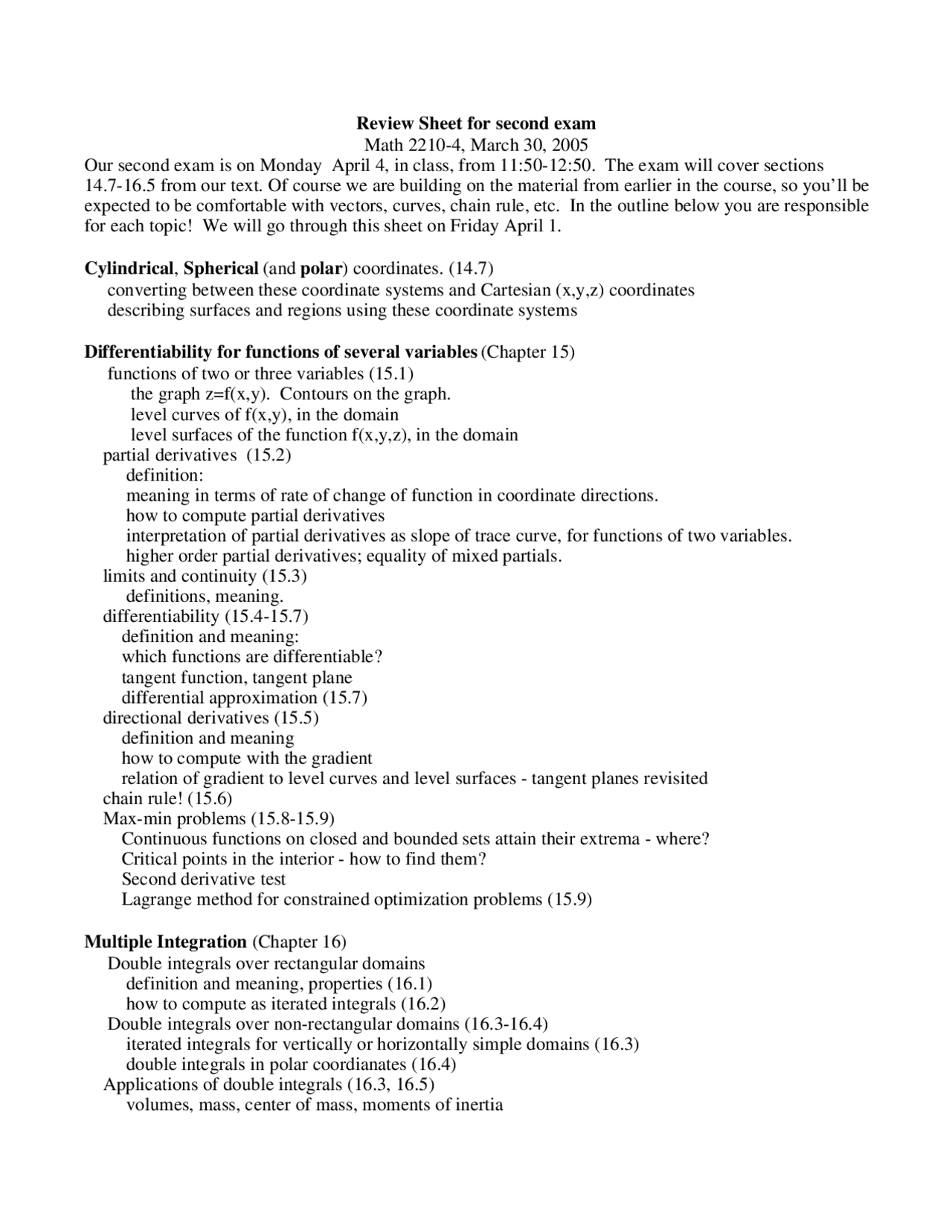 Review Sheet for Exam 2 - Calculus III | MATH 2210 - Docsity