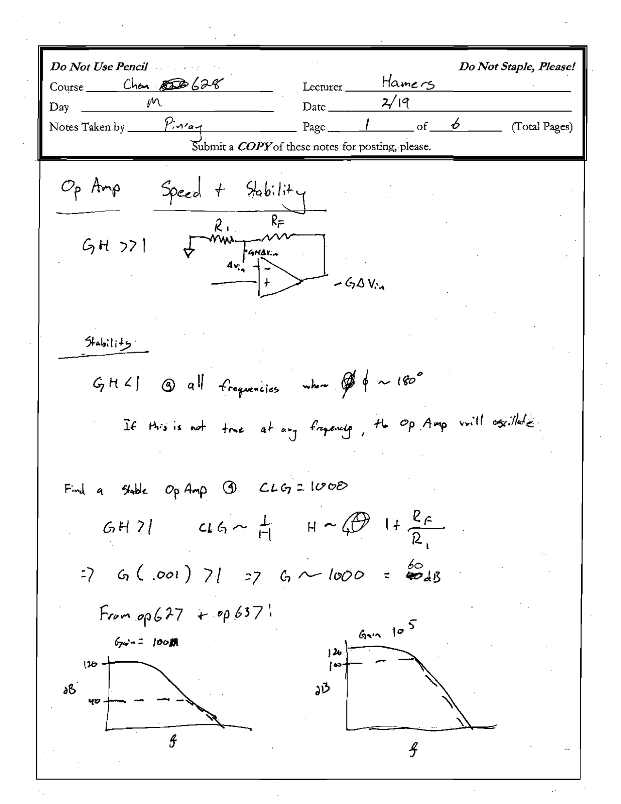 Handwritten Notes on Op Amp Speed and Stability | CHEM 628 - Docsity