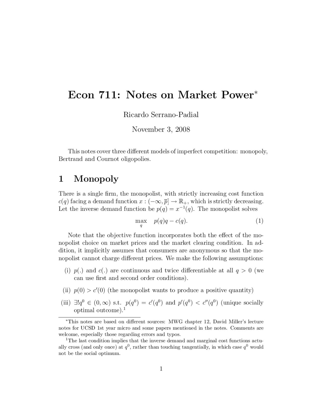 Market Power - Microeconomic Theory - Lecture Notes | ECON 711 - Docsity