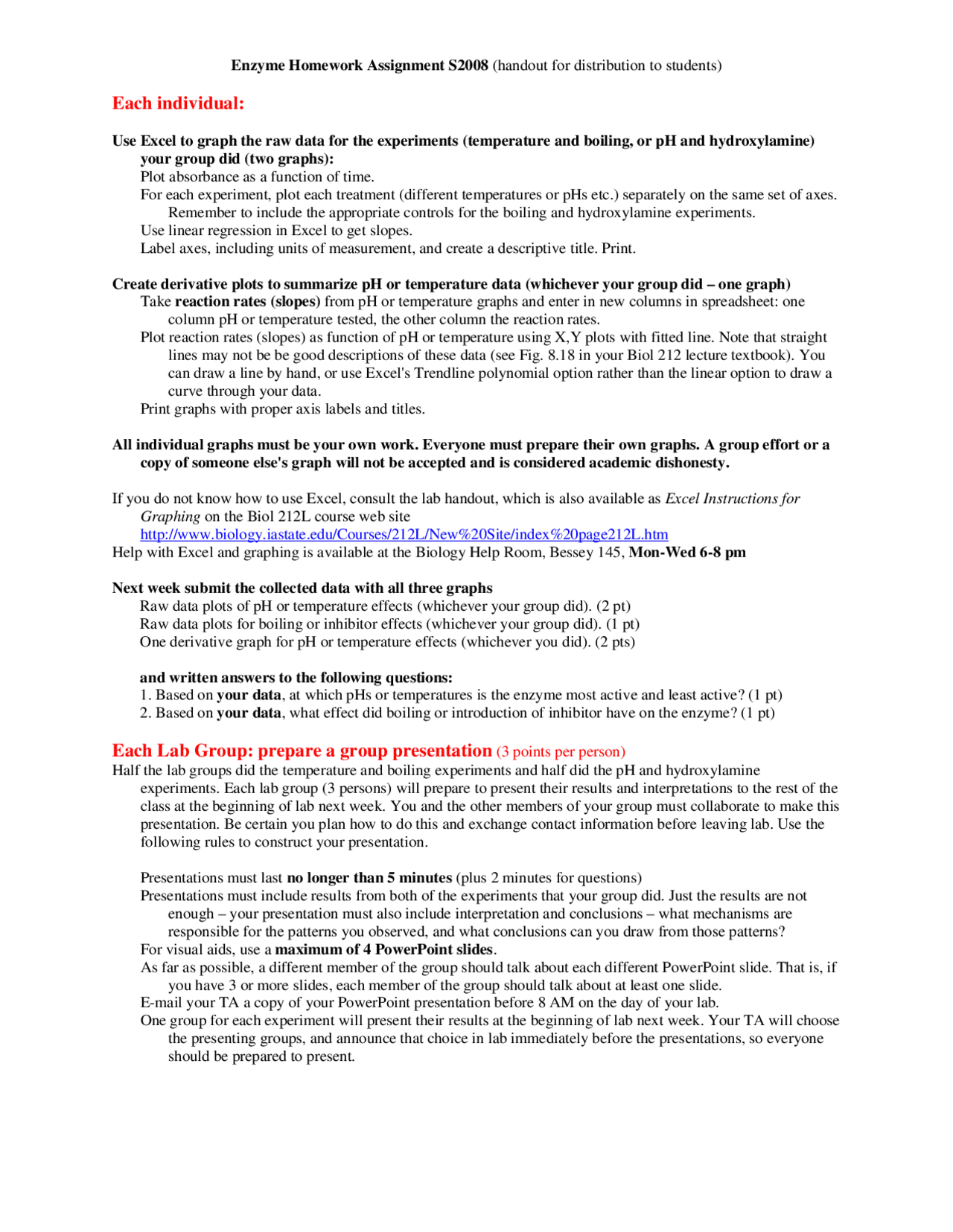 Enzyme Homework - Principles of Biology II | BIOL 212 - Docsity