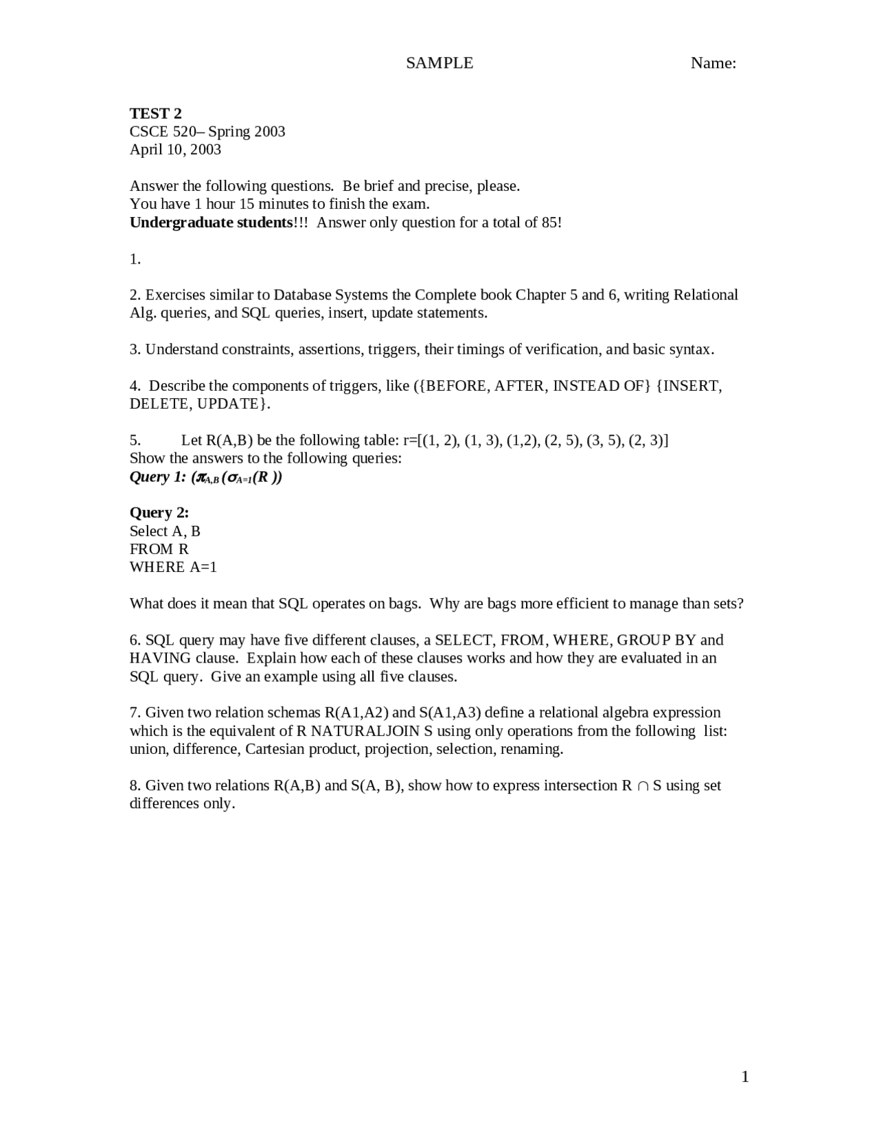 Exam 2 Sample Questions - Database System Design | CSCE 520 | Exams ...