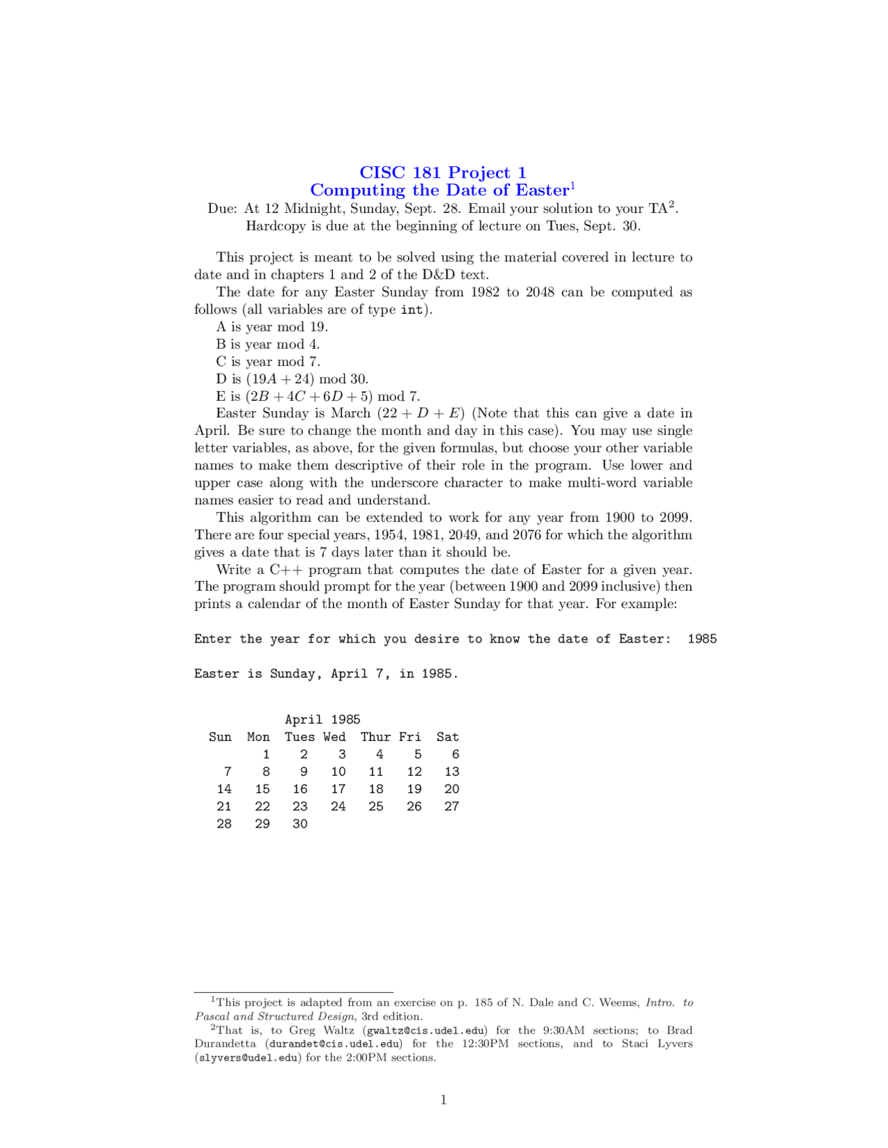Computing the Data of Easter - Project One | CISC 181 - Docsity