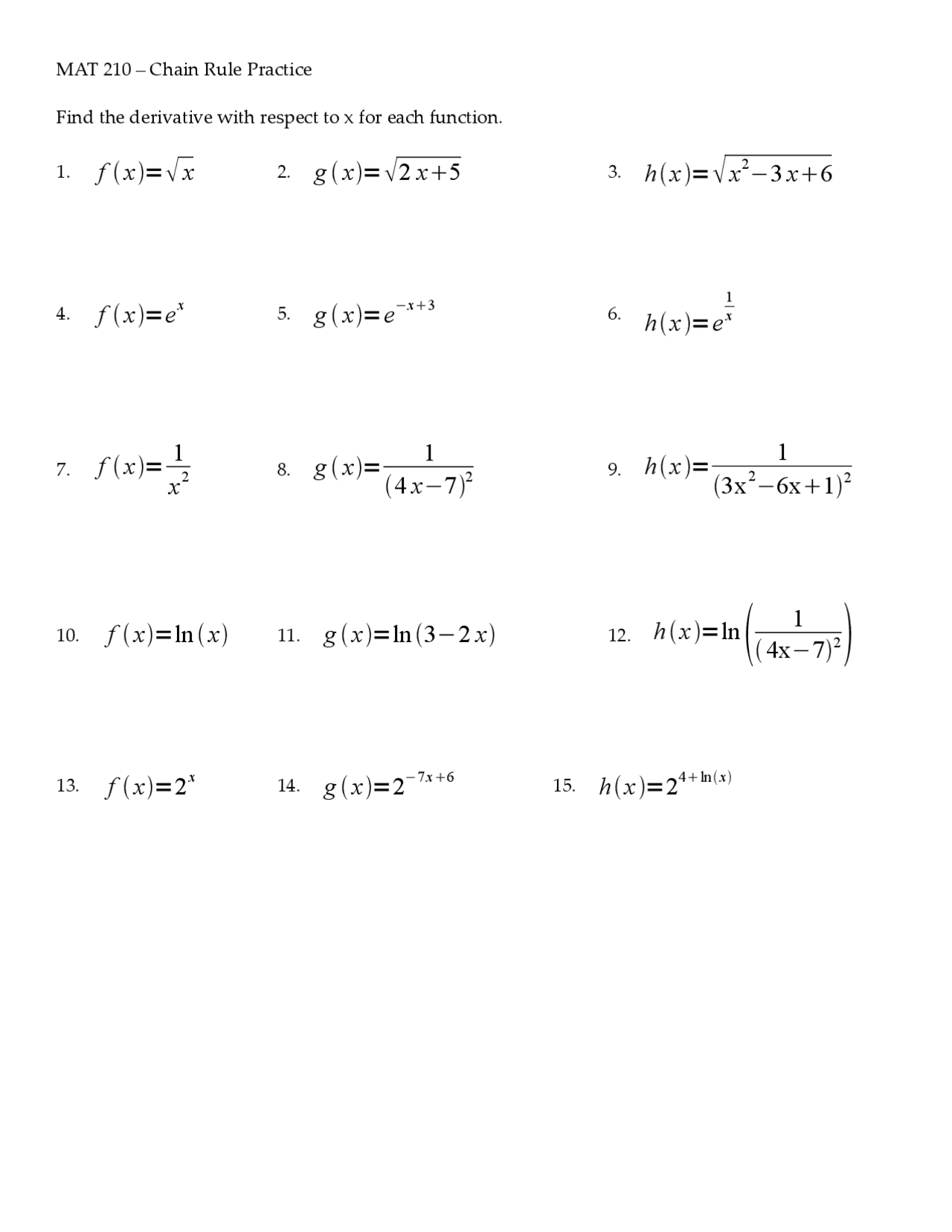 Chain Rule Practice - Brief Calculus | MAT 210 - Docsity