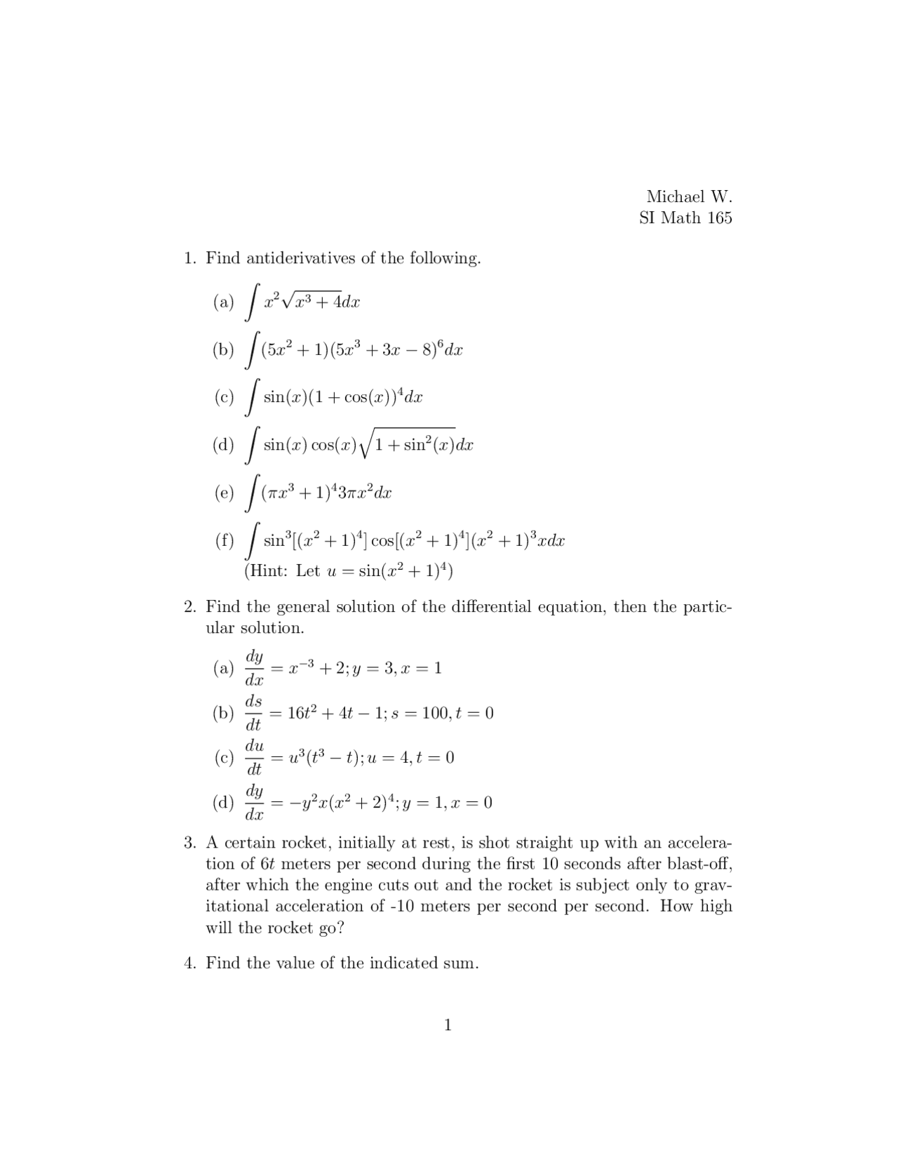 Practice Questions on Calculus I for Assignment | MATH 165 ...