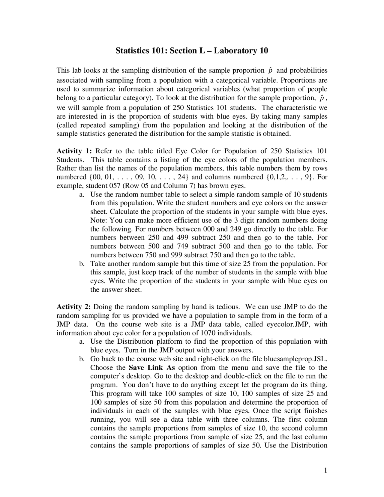 Sample Proportion p and Probabilities - Laboratory 10 | STAT 101 - Docsity