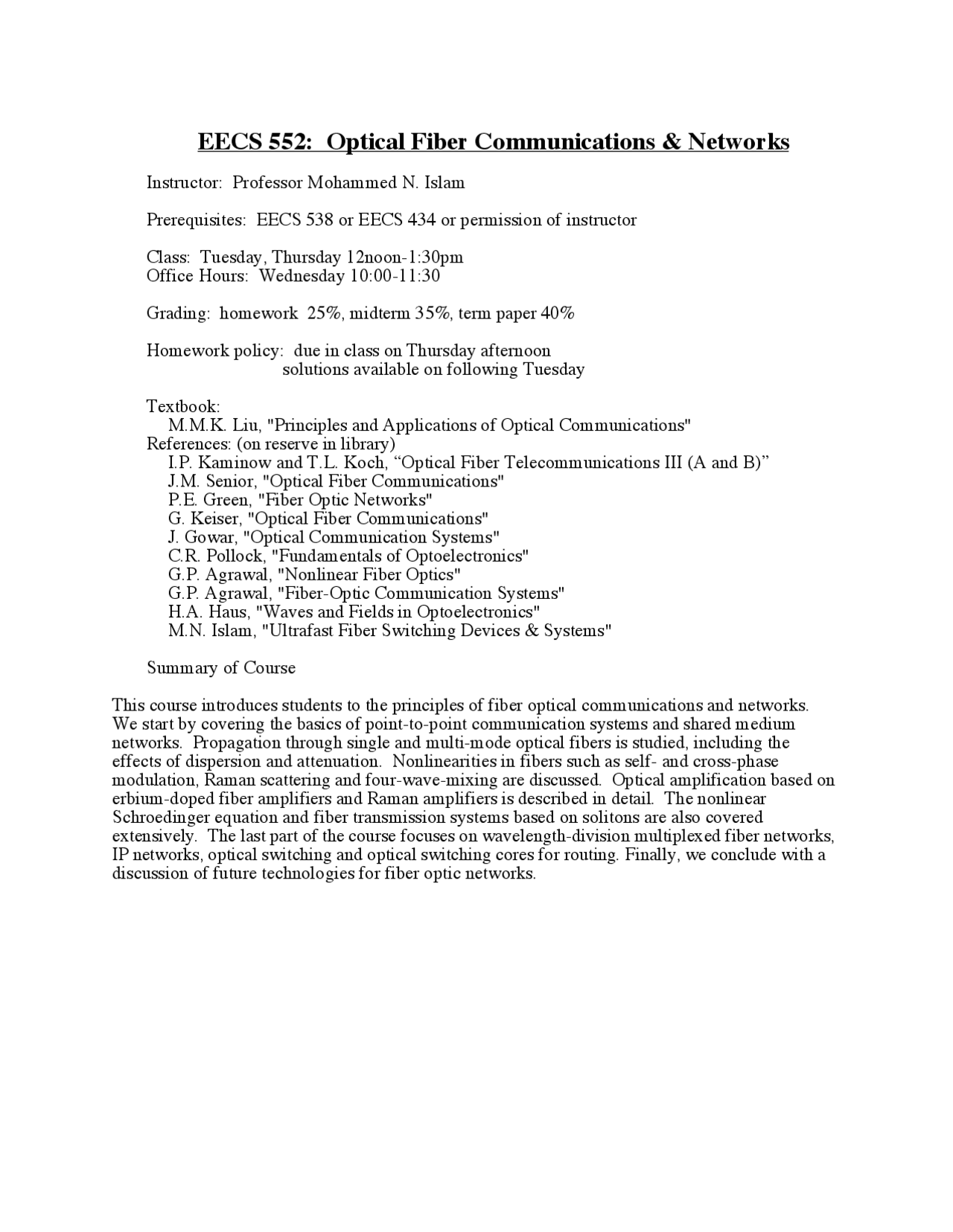 Optical Fiber Communication and Networks - Optical Wave Crystals | EECS ...