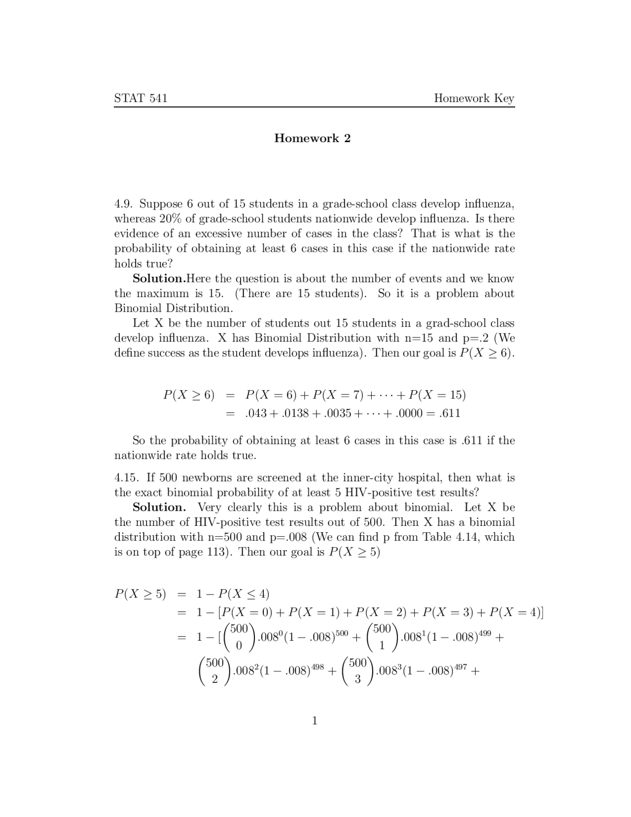 Introduction to Biostatistics - Homework 2 with Answer Key | STAT 541 ...