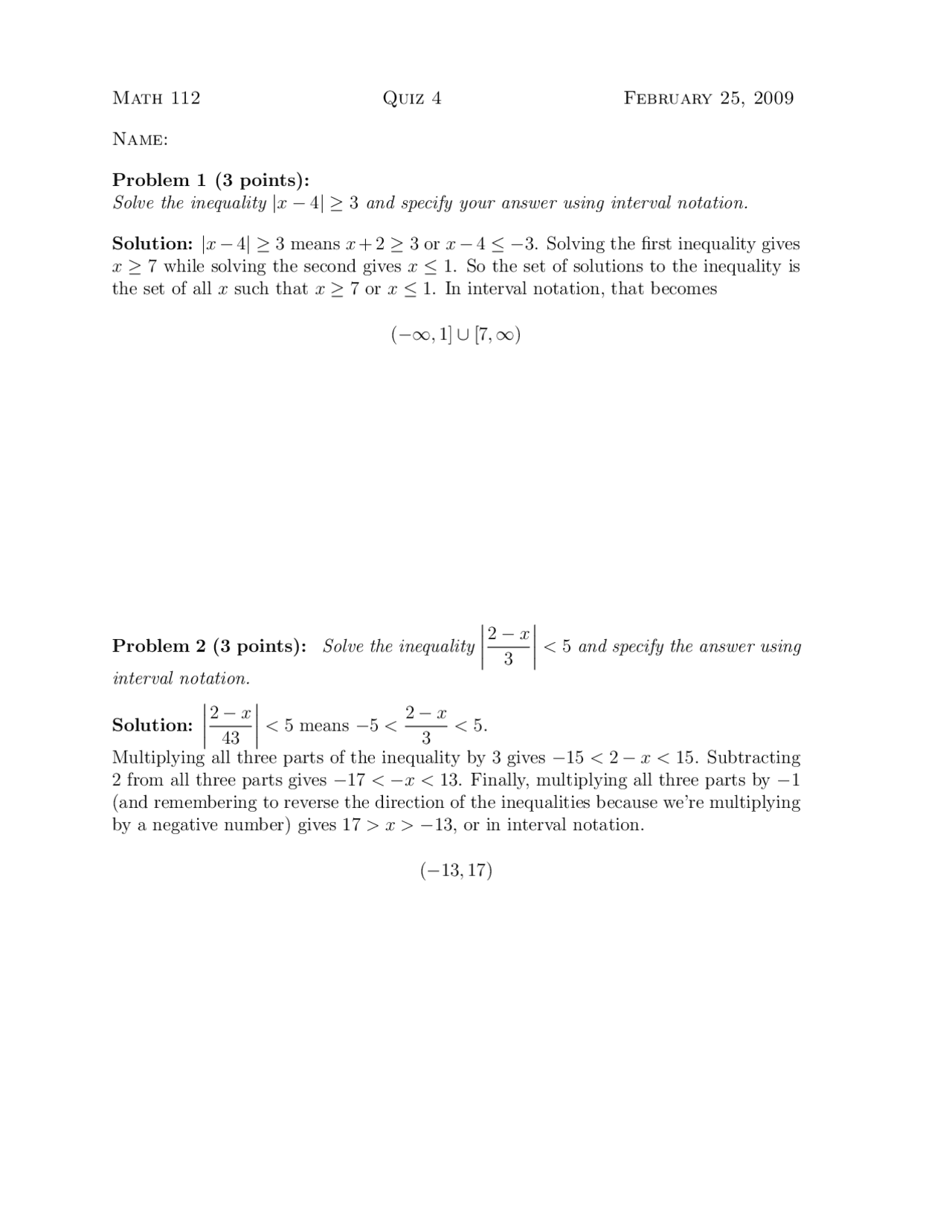 Quiz 4 with Solution for Algebra | MATH 112 | Quizzes Algebra | Docsity