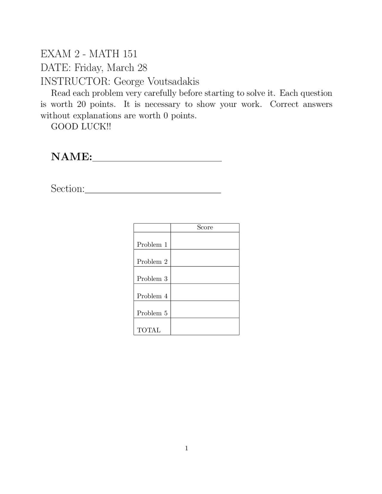 Math 151 In College MATH 151 Exam 2: Derivatives and Limits | Exams Mathematics | Docsity