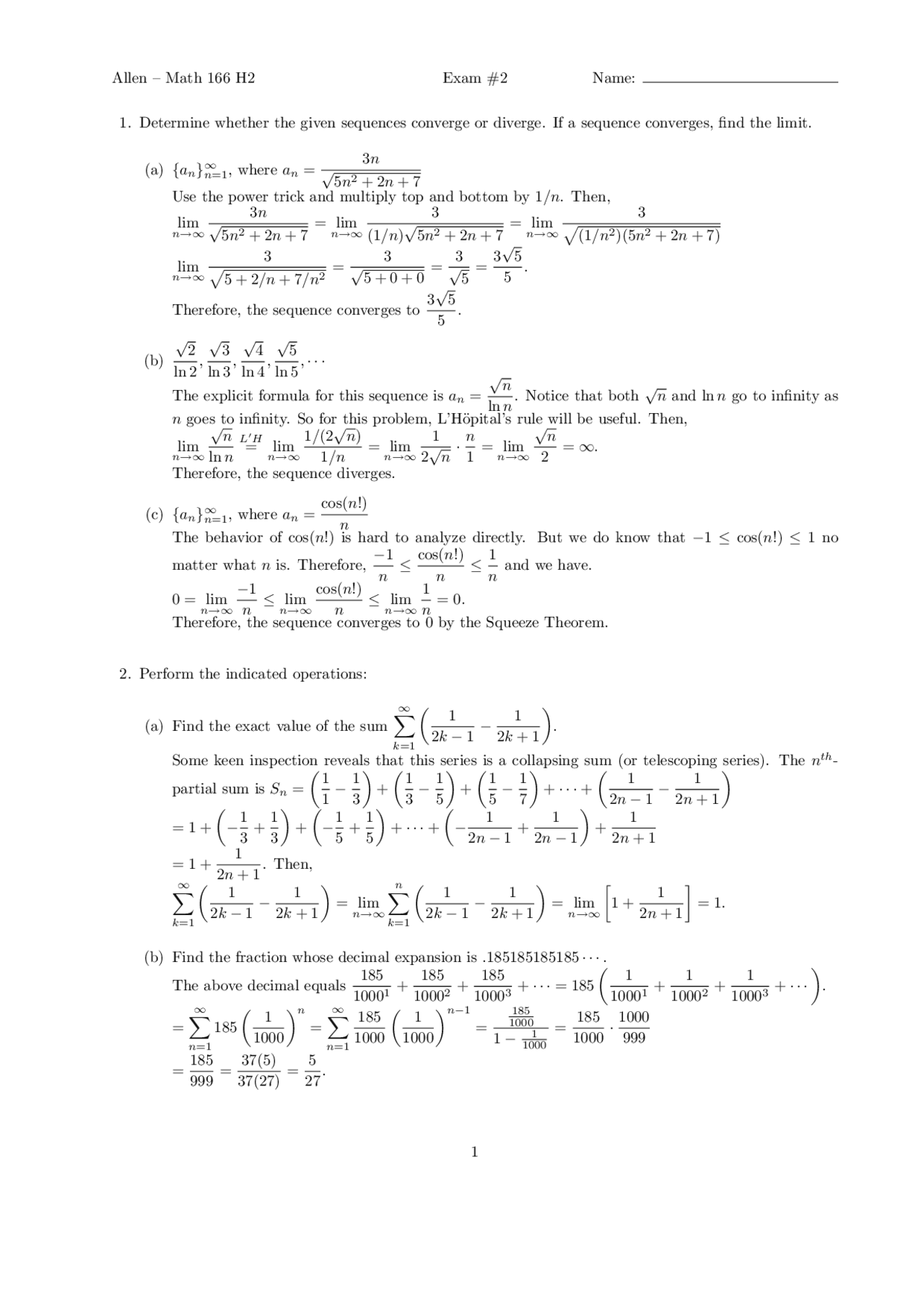 Solutions for Practice Exam 2 - Calculus II | MATH 166 - Docsity