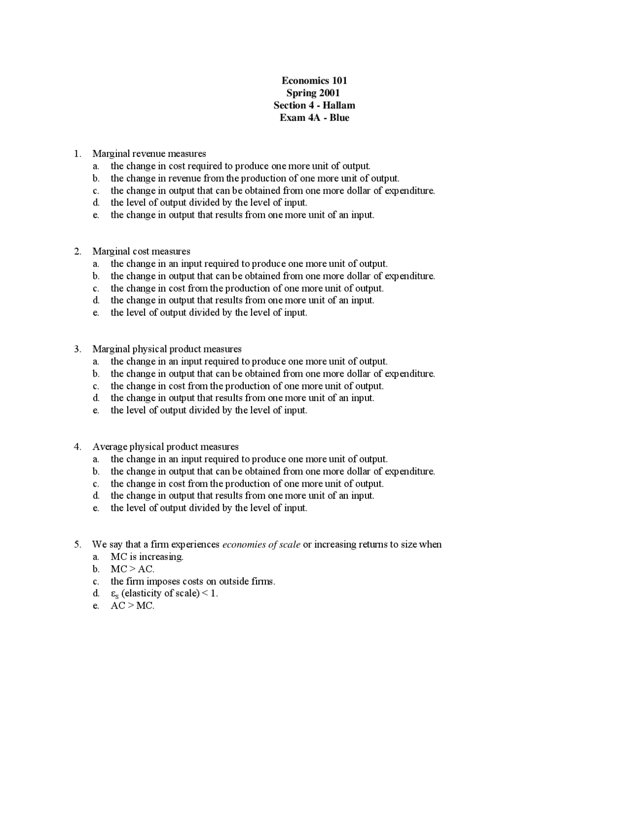 25 Questions for Exam 4 - Principles Microeconomics | ECON 101 - Docsity