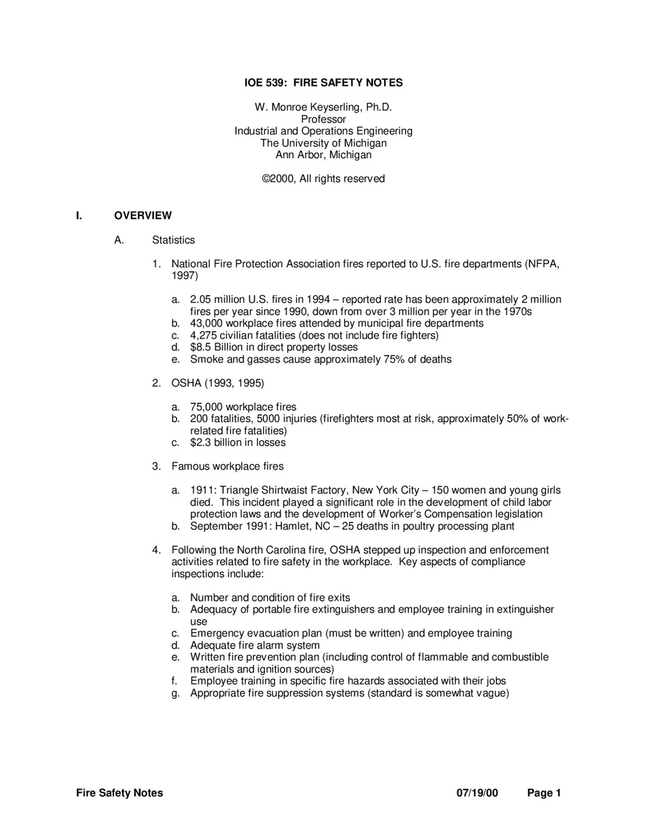 Lecture Notes on Fire Safety - Safety Engin Methods | IOE 539 - Docsity